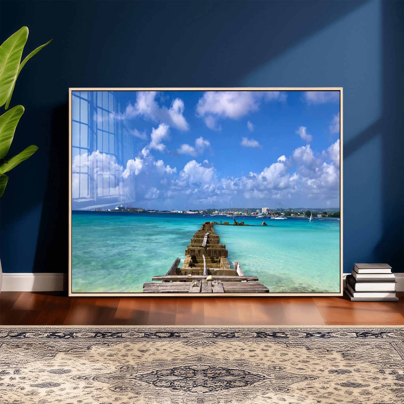 43165024-MGV-CV-36X24 - Caribbean Ocean Pier Seascape Wall Art Canvas Print, Turquoise Sea Tropical Harbor Canvas Print, Island Coastal Blue Water Scenic Art Printing