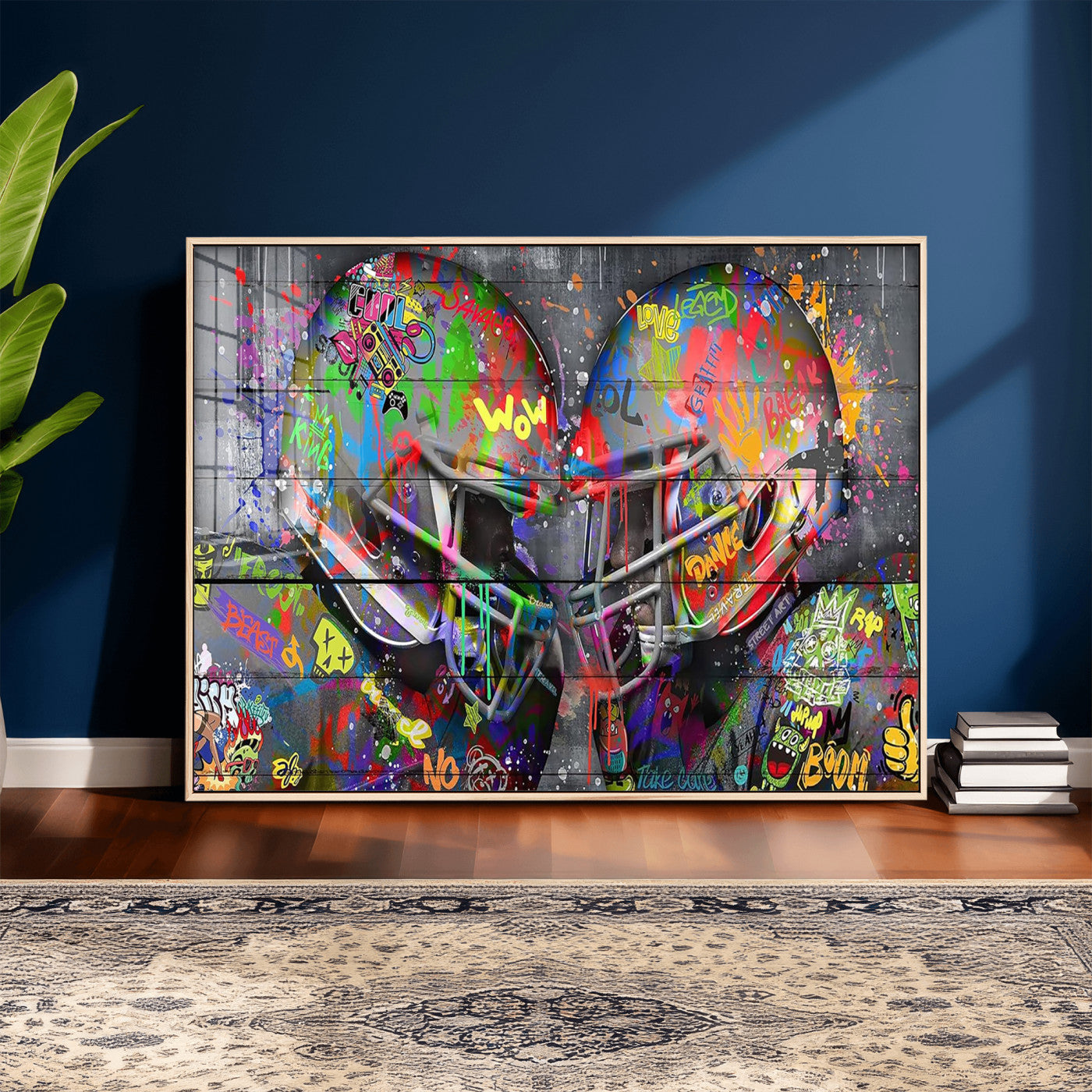 15309853-MGV-CV-36X24 - Graffiti Football Helmets Wall Art Canvas Print, Urban Street Art Sports Decor, Colorful American Football Graffiti Artwork