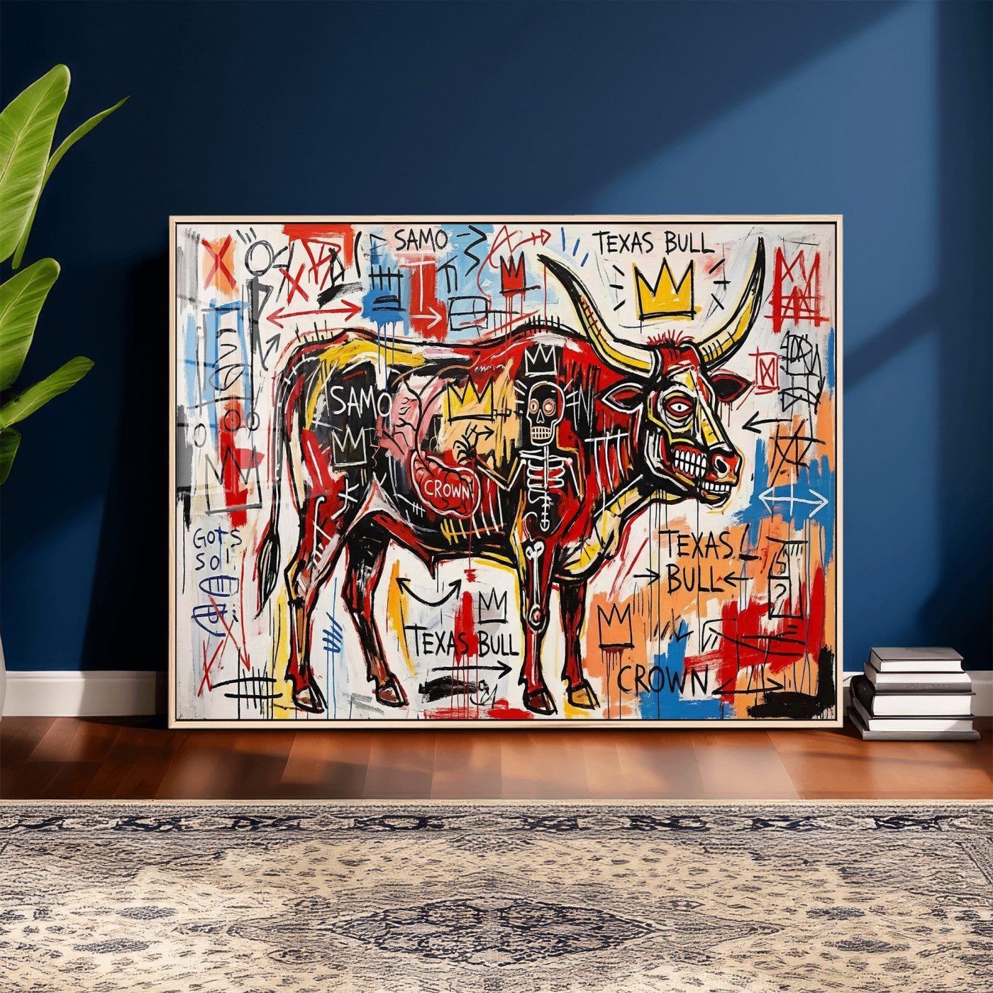 89504579-MGV-CV-36X24 - TITLE: Texas Bull Wall Art Canvas Print, Abstract Graffiti Bull Painting, Western Animal Art, Modern Ranch Decor