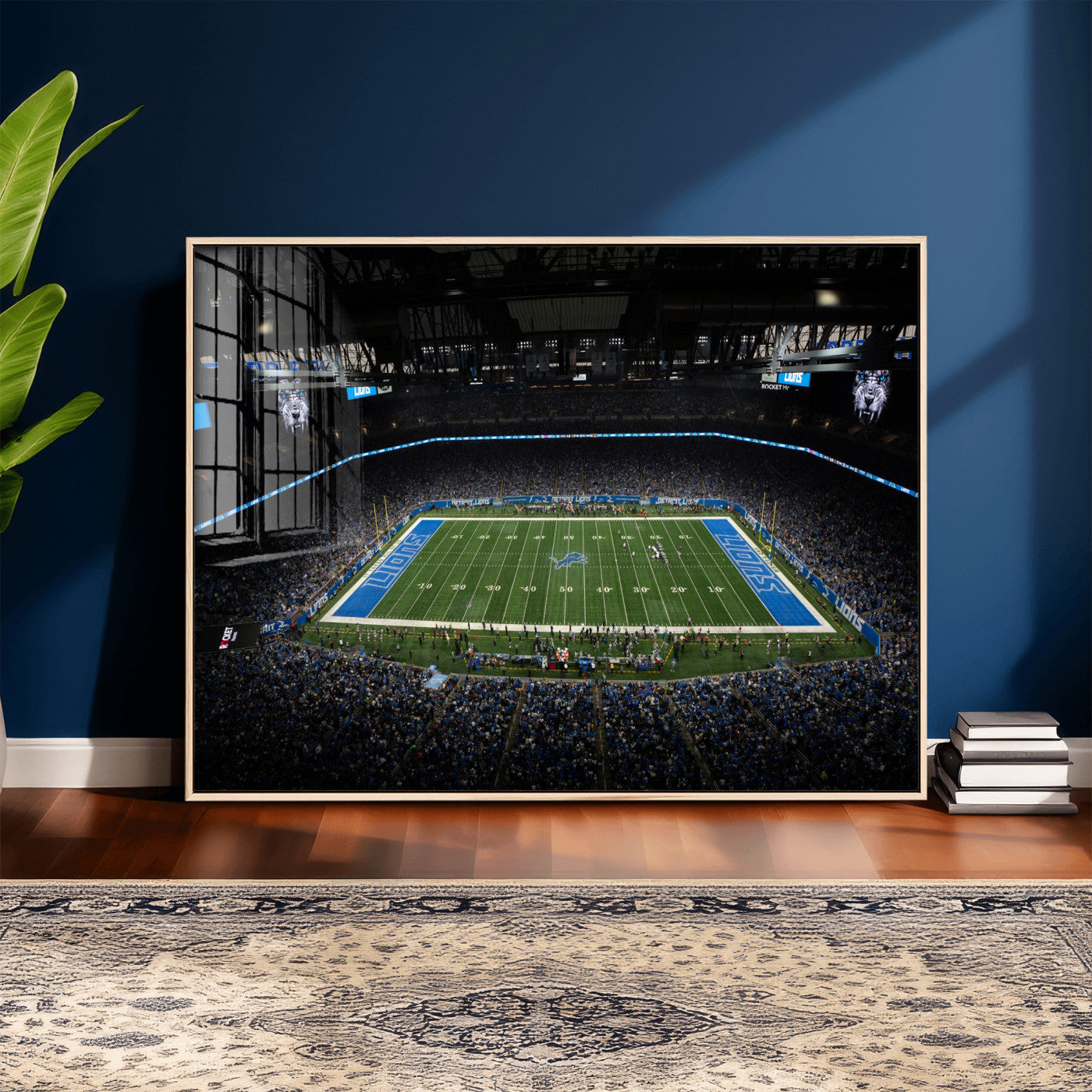 16709602-MGV-CV-36X24 - Detroit Lions Stadium Wall Art Canvas Print, Football Field Panorama Artwork, NFL Game Night Stadium Decor