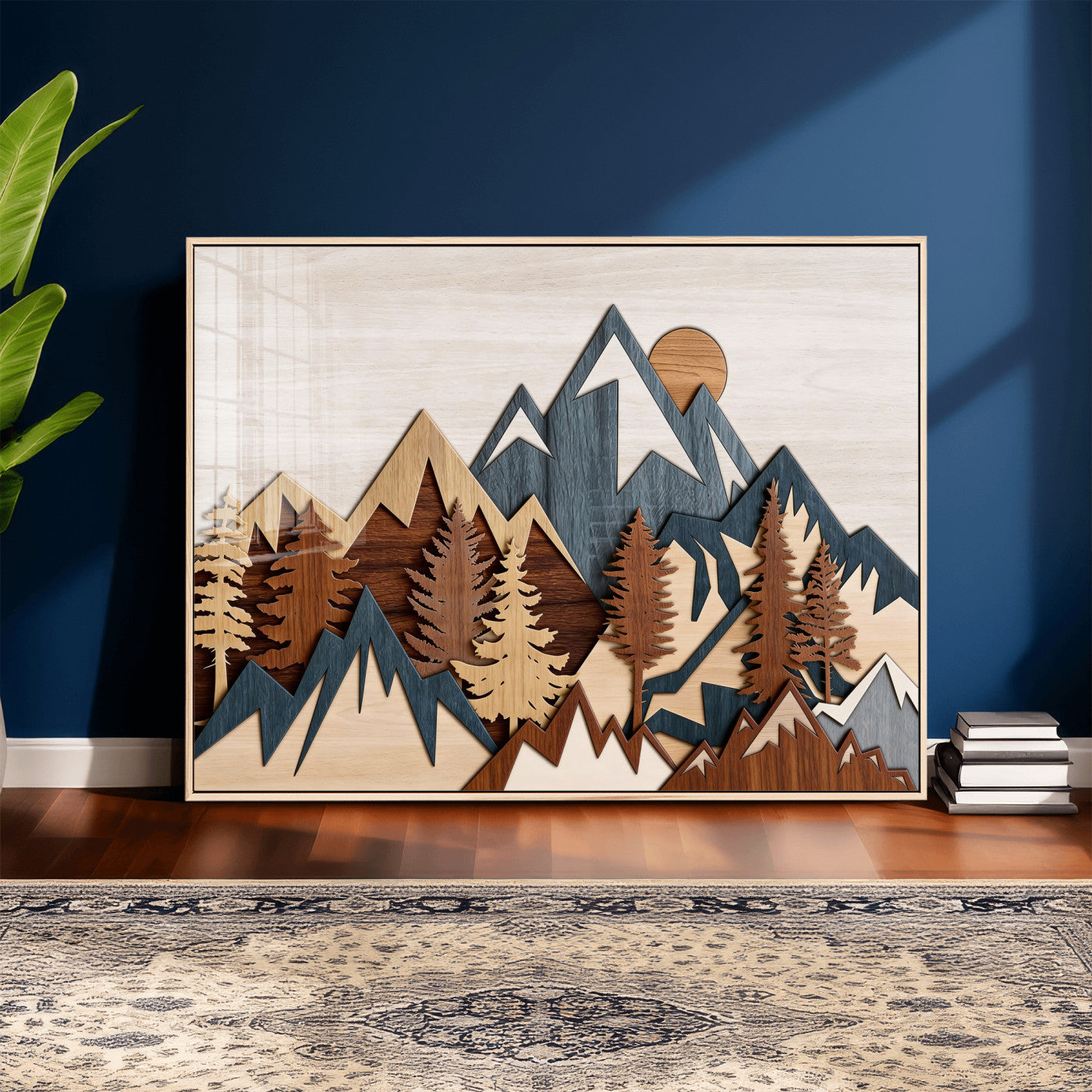 39888898-MGV-CV-36X24 - Layered Wooden Mountain Wall Art Canvas Print, Modern Rustic Forest and Pine Landscape Wall Decor