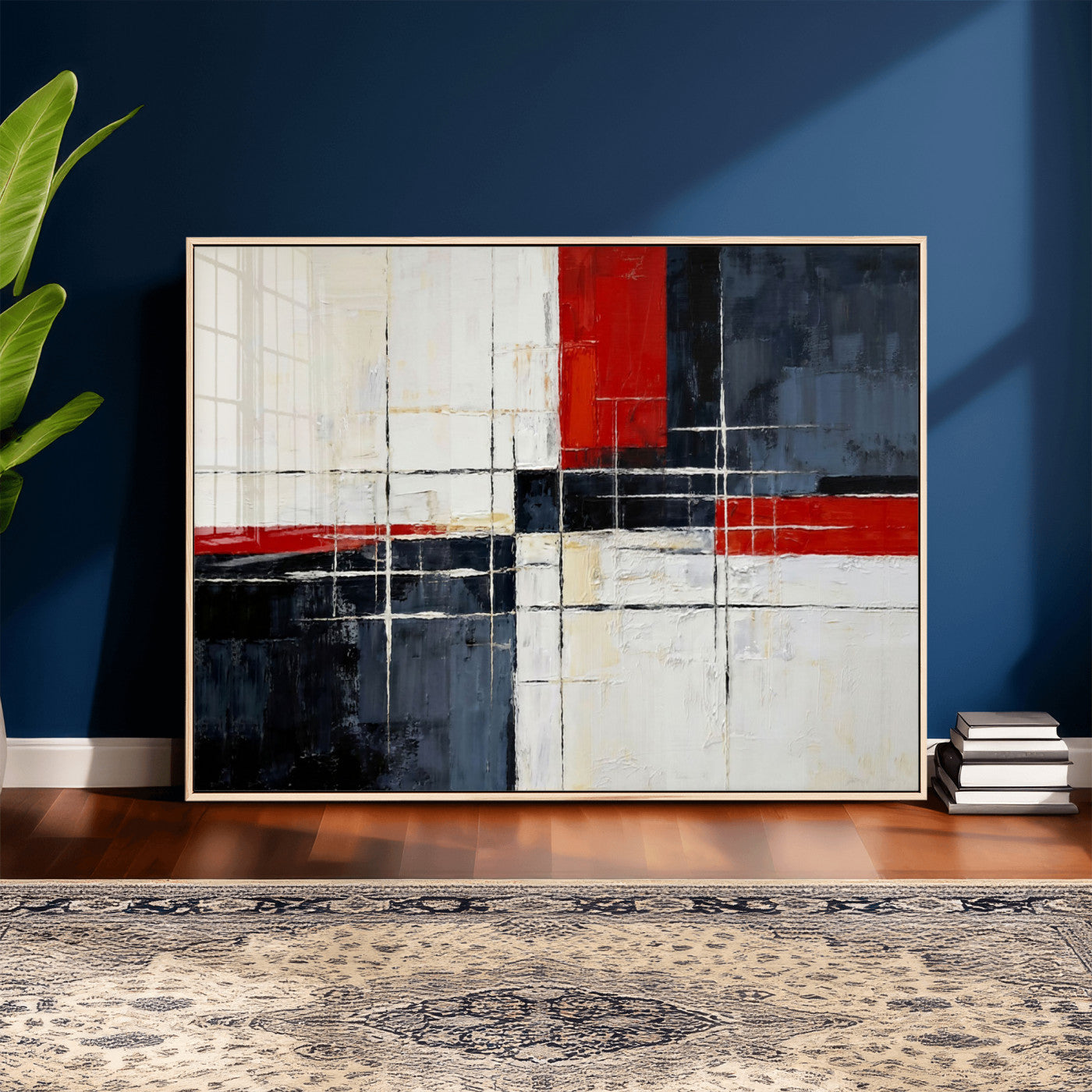 44088165-MGV-CV-36X24 - Navy Red Abstract Wall Art Canvas Print, Modern Luxury Geometric Painting Wall Decor for Living Room and Office
