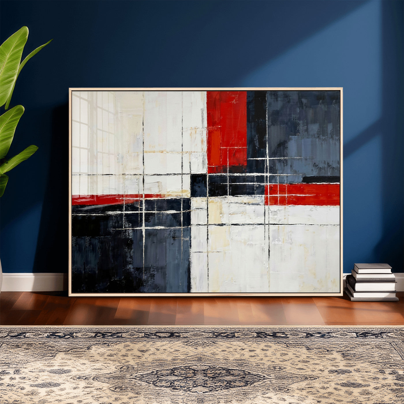 11921181-MGV-CV-36X24 - Navy Red Abstract Wall Art Canvas Print, Modern Luxury Geometric Painting Wall Decor for Living Room and Office