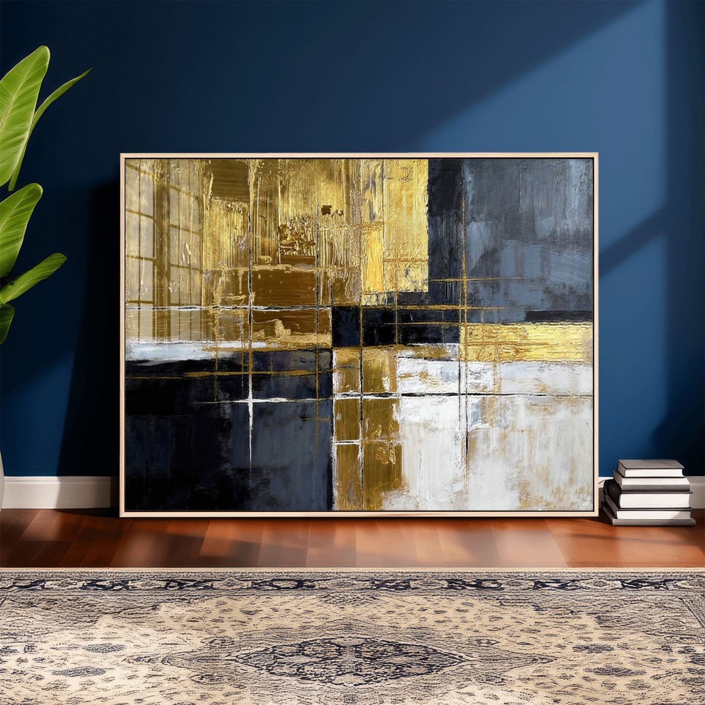 76917030-MGV-CV-36X24 - Gold Navy Abstract Wall Art Canvas Print, Modern Luxury Geometric Painting Wall Decor for Living Room and Office