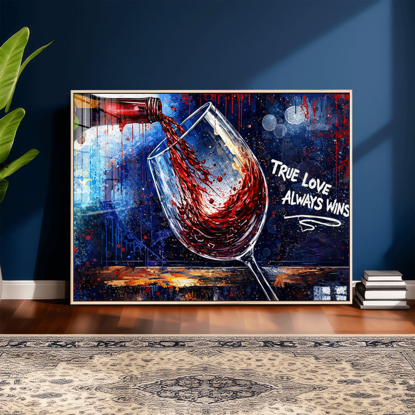 88788932-MGV-CV-36X24 - Red Wine Splash Abstract Wall Art Canvas Print, Modern Wine Glass Painting Canvas Print, Romantic Quote Contemporary Bar Art Print