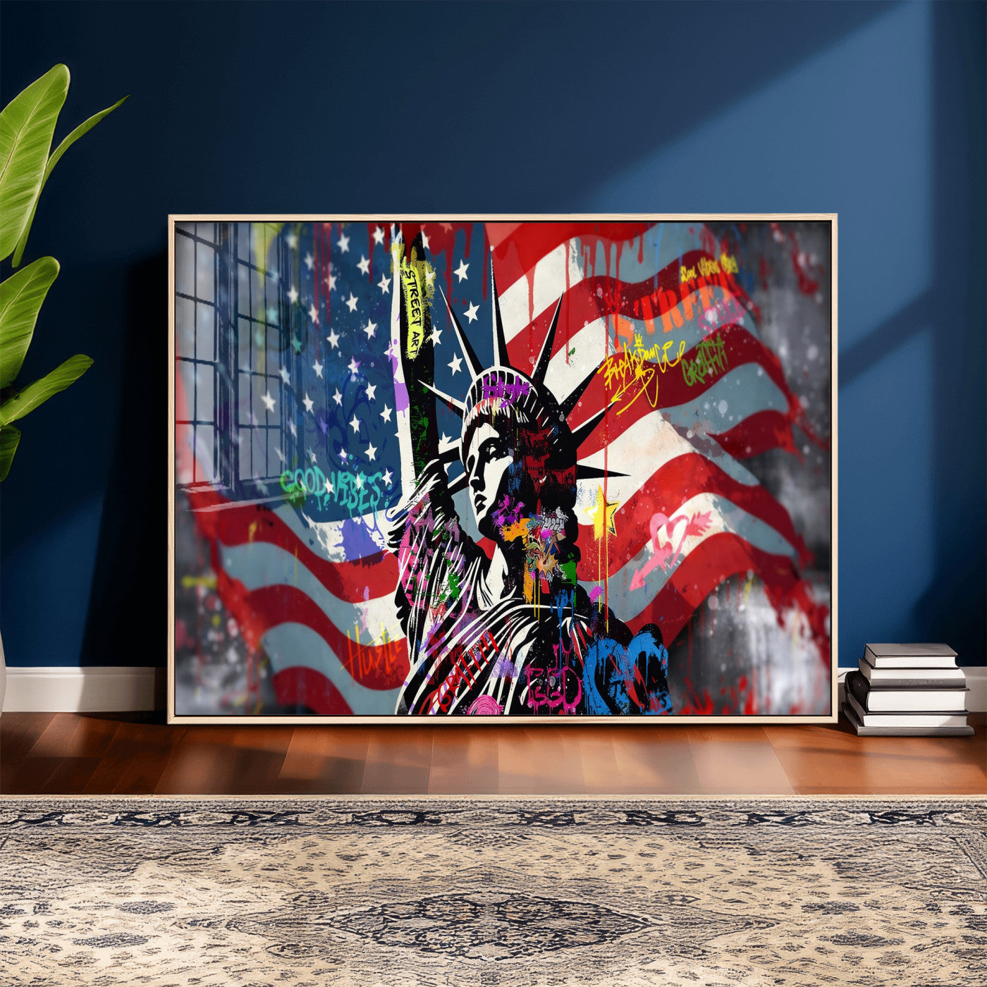 32151941-MGV-CV-36X24 - USA Statue of Liberty Graffiti Street Art Wall Art Canvas Print, American Flag Urban Pop Art Canvas Print, Modern Patriotic Street Art Contemporary Art Printing