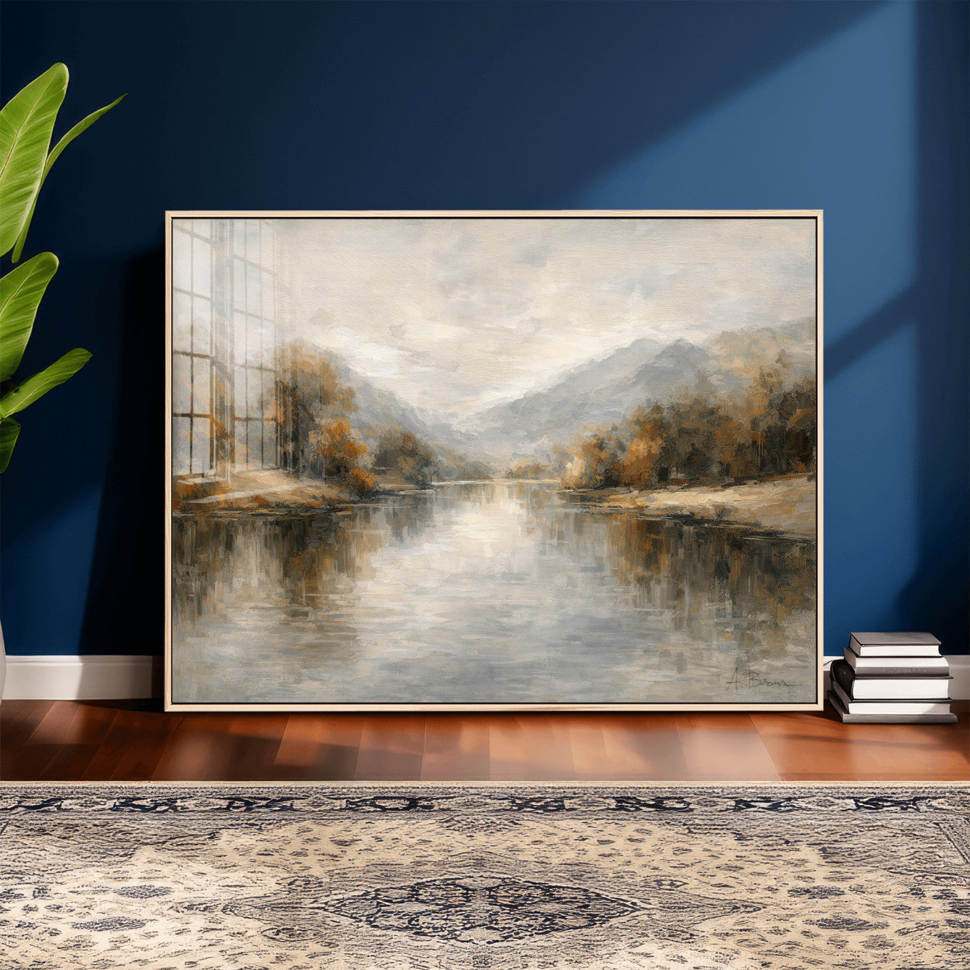 29251761-MGV-CV-36X24 - Neutral Abstract River Landscape Wall Art Canvas Print, Modern Minimal Nature Reflection Canvas Print, Beige Gray Contemporary Mountain Art Printing