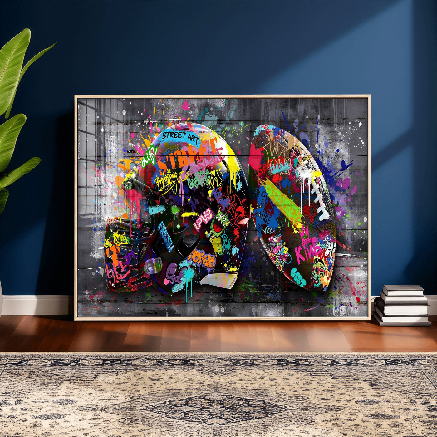 80540773-MGV-CV-36X24 - Graffiti American Football Helmet Street Art Wall Art Canvas Print, Urban Sports Pop Art Football Canvas Print, Colorful Graffiti Sports Contemporary Art Printing