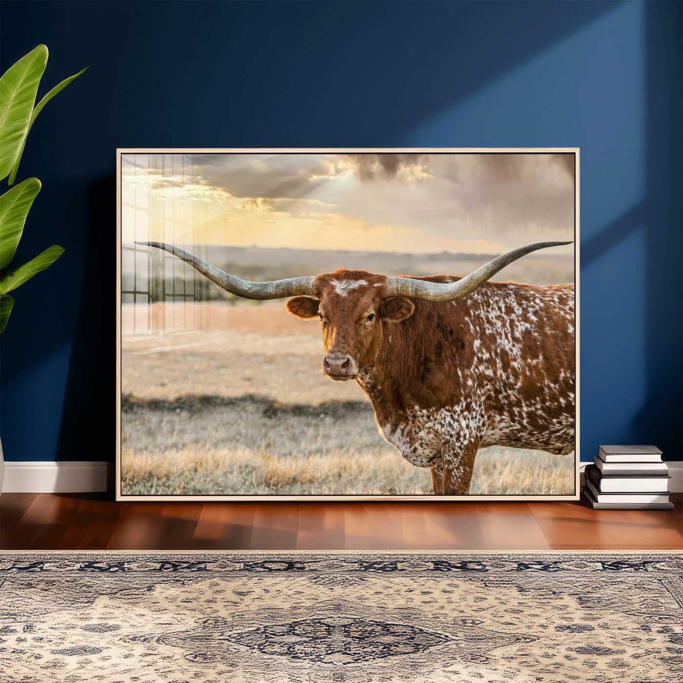 16502384-MGV-CV-36X24 - Texas Longhorn Wall Art Canvas Print, Western Ranch Bull Photography Canvas Print, Rustic Farmhouse Cattle Artwork for Living Room Decor