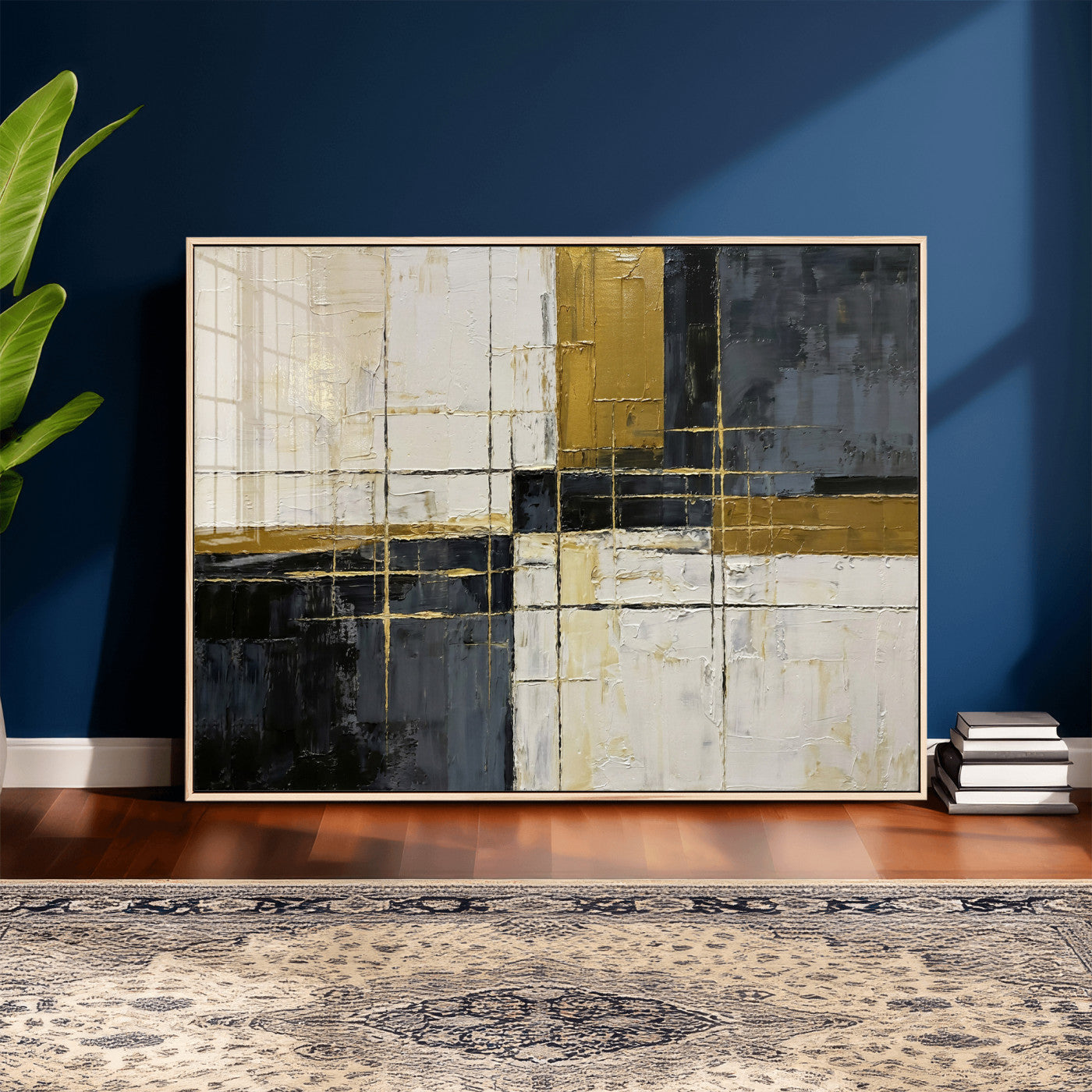 36097945-MGV-CV-36X24 - Abstract Gold and Black Wall Art Canvas Print – Modern Geometric Neutral Artwork for Living Room Decor