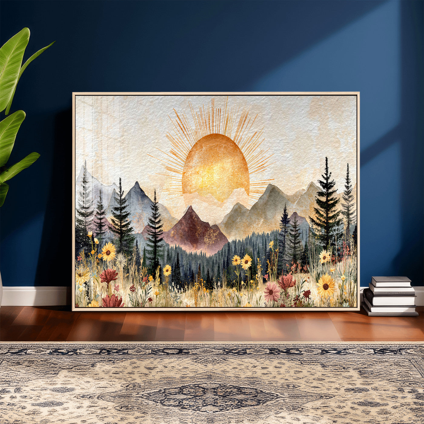 69025244-MGV-CV-36X24 - Boho Mountain Landscape Large Wall Art, Horizontal Gold Framed Canvas Print with Sun and Flowers