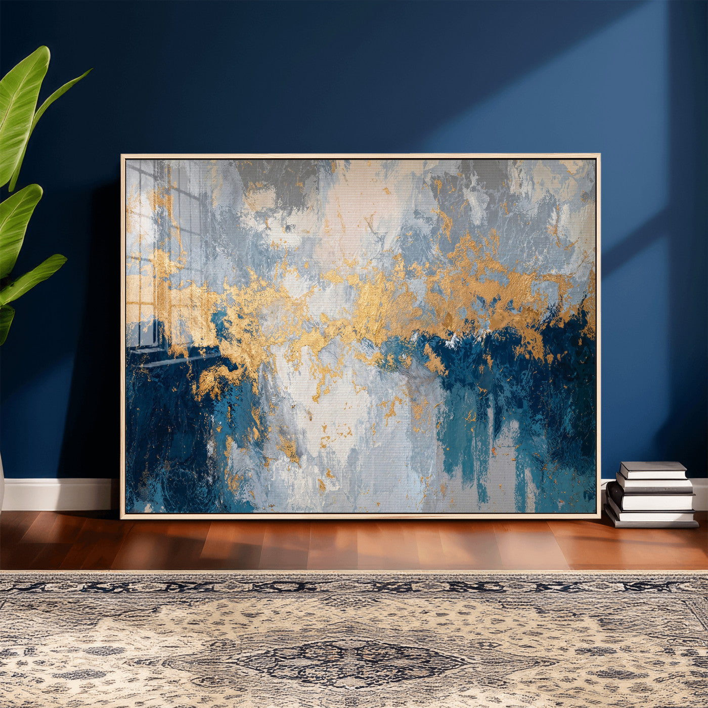 65386119-MGV-CV-36X24 - Blue Gold Abstract Large Framed Canvas Wall Art, Modern Luxury Painting Print in Horizontal Oversized Minimal Wall Decor Artwork
