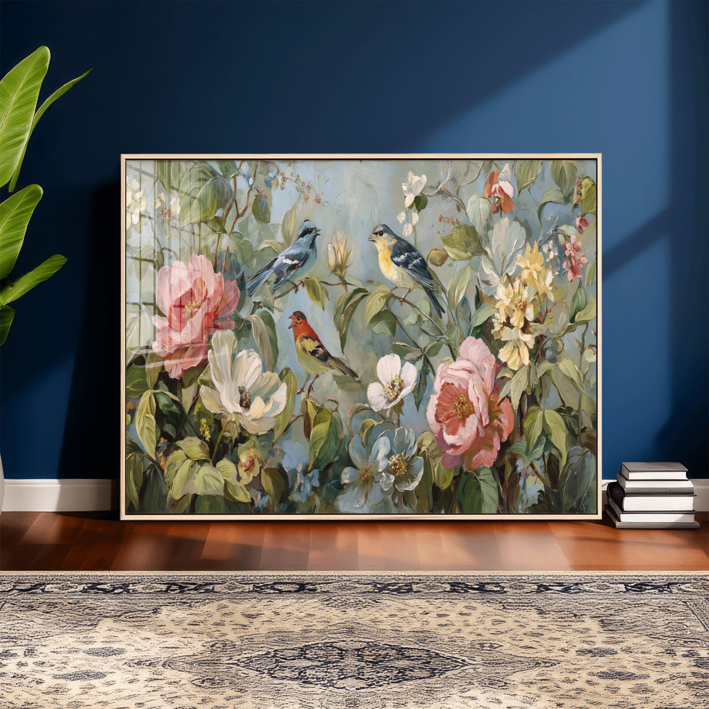55440837-MGV-CV-36X24 - Vintage Birds and Flowers Wall Art Canvas Print, Botanical Bird Painting Canvas Print, Floral Garden Bird Artwork Canvas Print, Classic Bird Flower Painting Canvas Print
