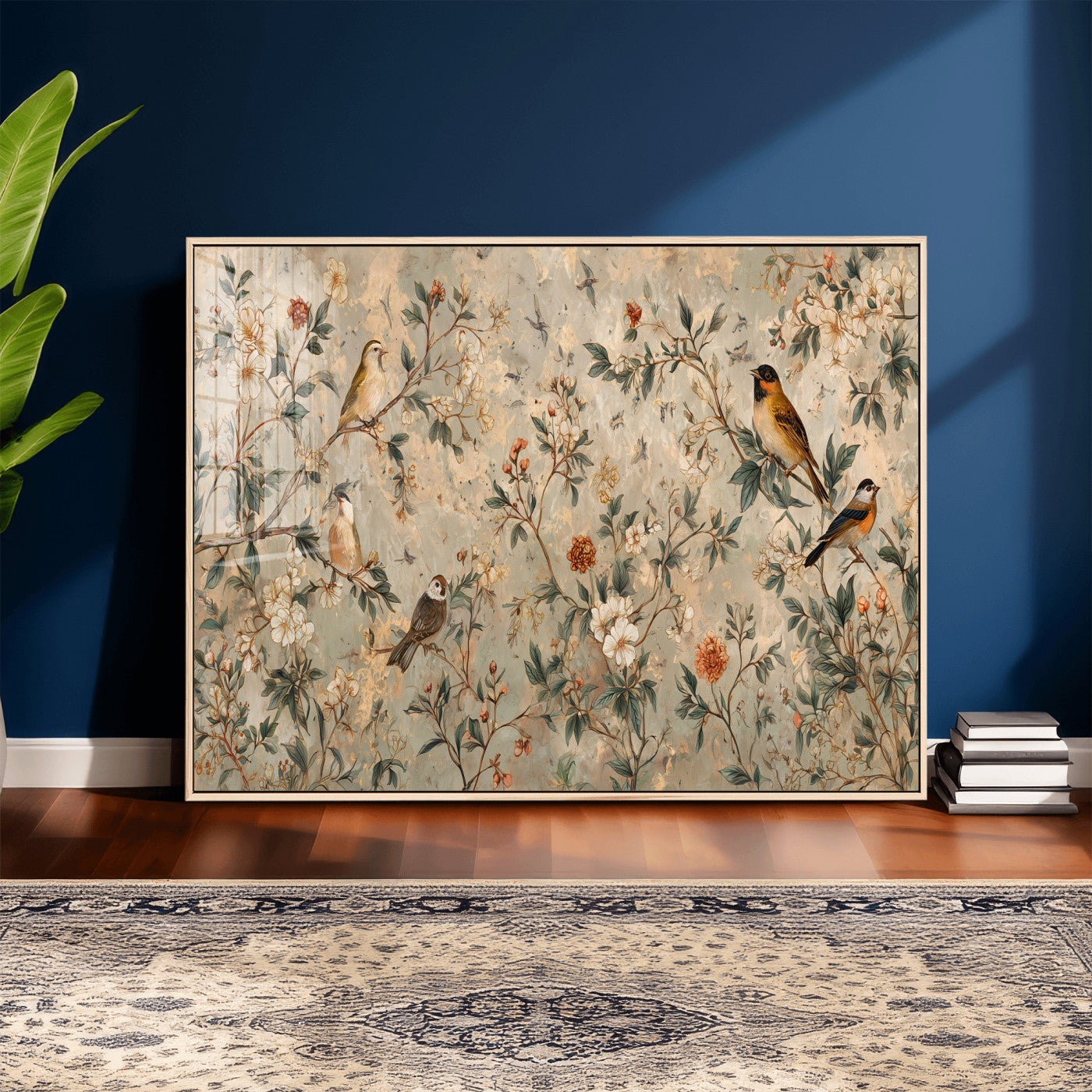 76588438-MGV-CV-36X24 - Vintage Birds and Flowers Wall Art Canvas Print, Botanical Bird Painting Canvas Print, Floral Garden Bird Artwork Canvas Print, Classic Bird Flower Painting Canvas Print