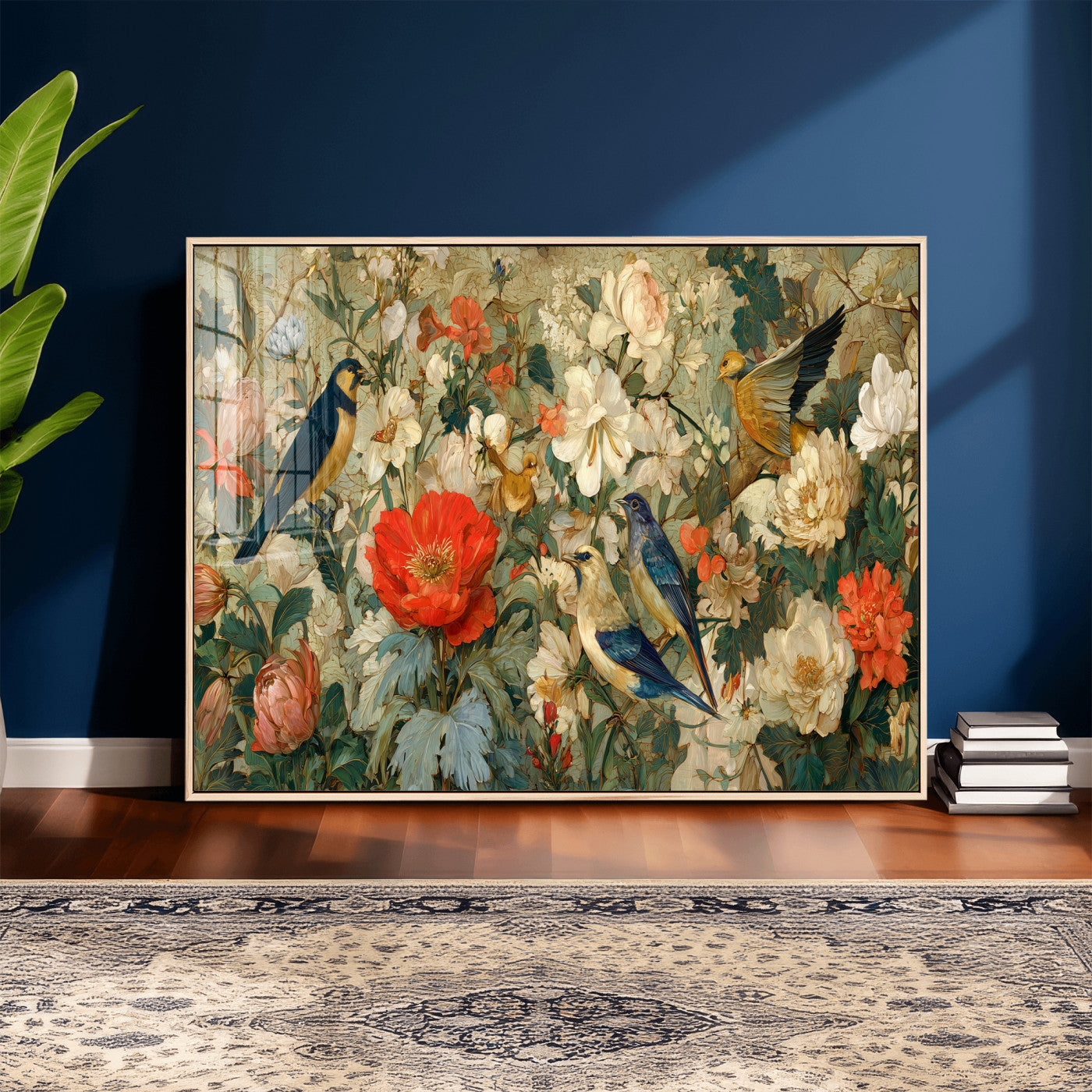 52904757-MGV-CV-36X24 - Vintage Birds and Flowers Wall Art Canvas Print, Botanical Bird Painting Canvas Print, Floral Garden Bird Artwork Canvas Print, Classic Bird Flower Painting Canvas Print