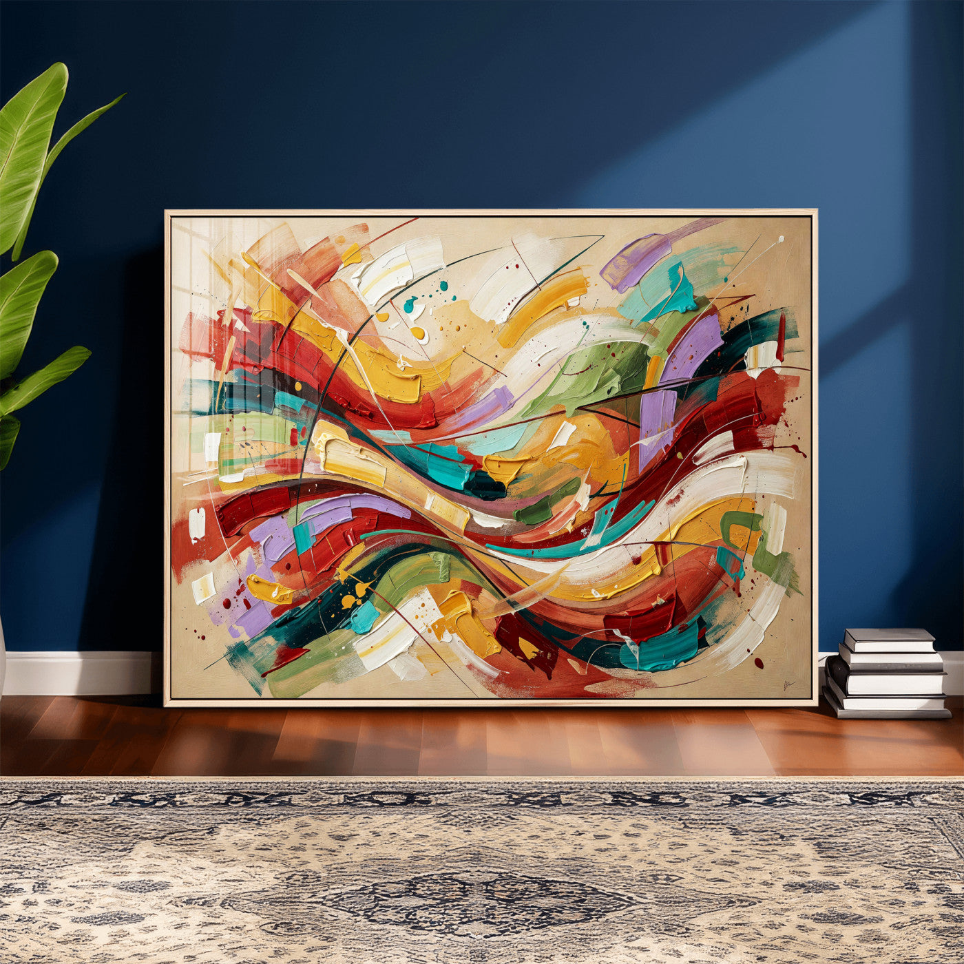 39887645-MGV-CV-36X24 - Geometric Abstract Wall Art Canvas Print, Orange Blue Abstract Expressionist Painting Print, Modern Geometric Abstract Canvas Art
