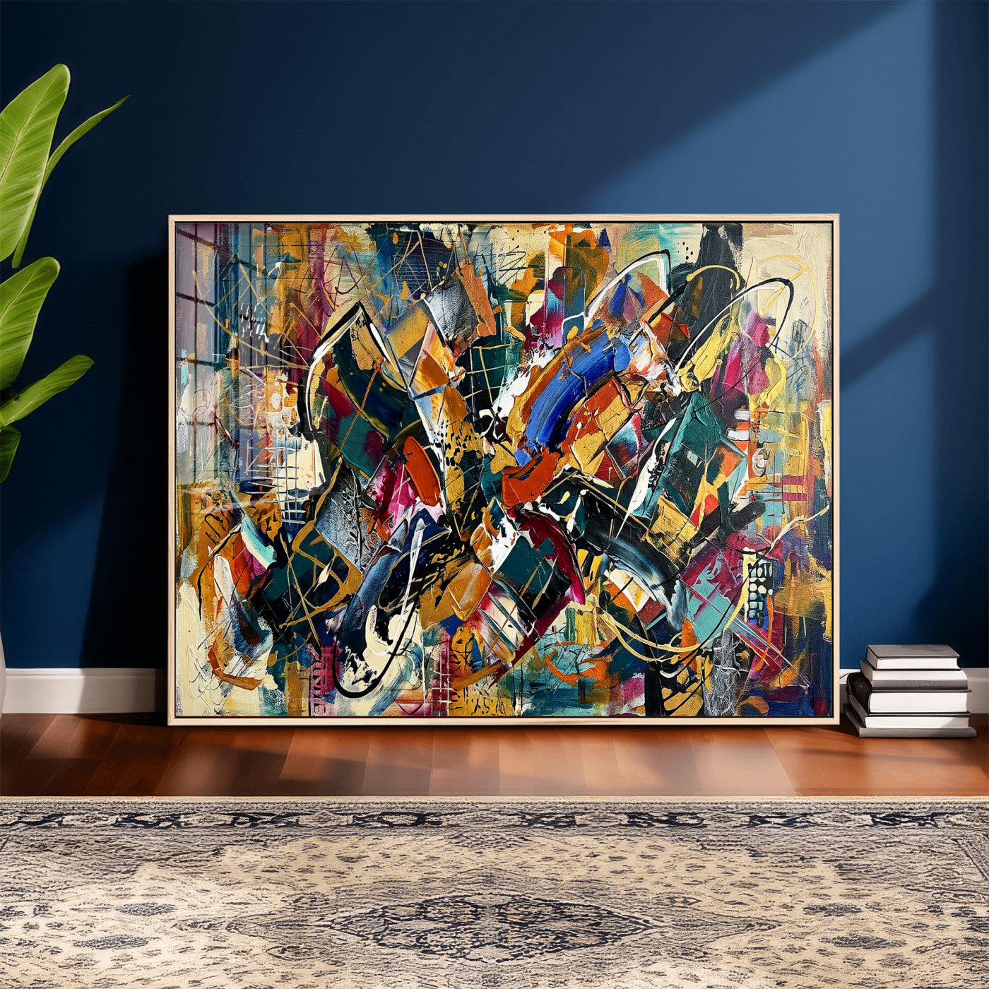 15525527-MGV-CV-36X24 - Geometric Abstract Wall Art Canvas Print, Orange Blue Abstract Expressionist Painting Print, Modern Geometric Abstract Canvas Art