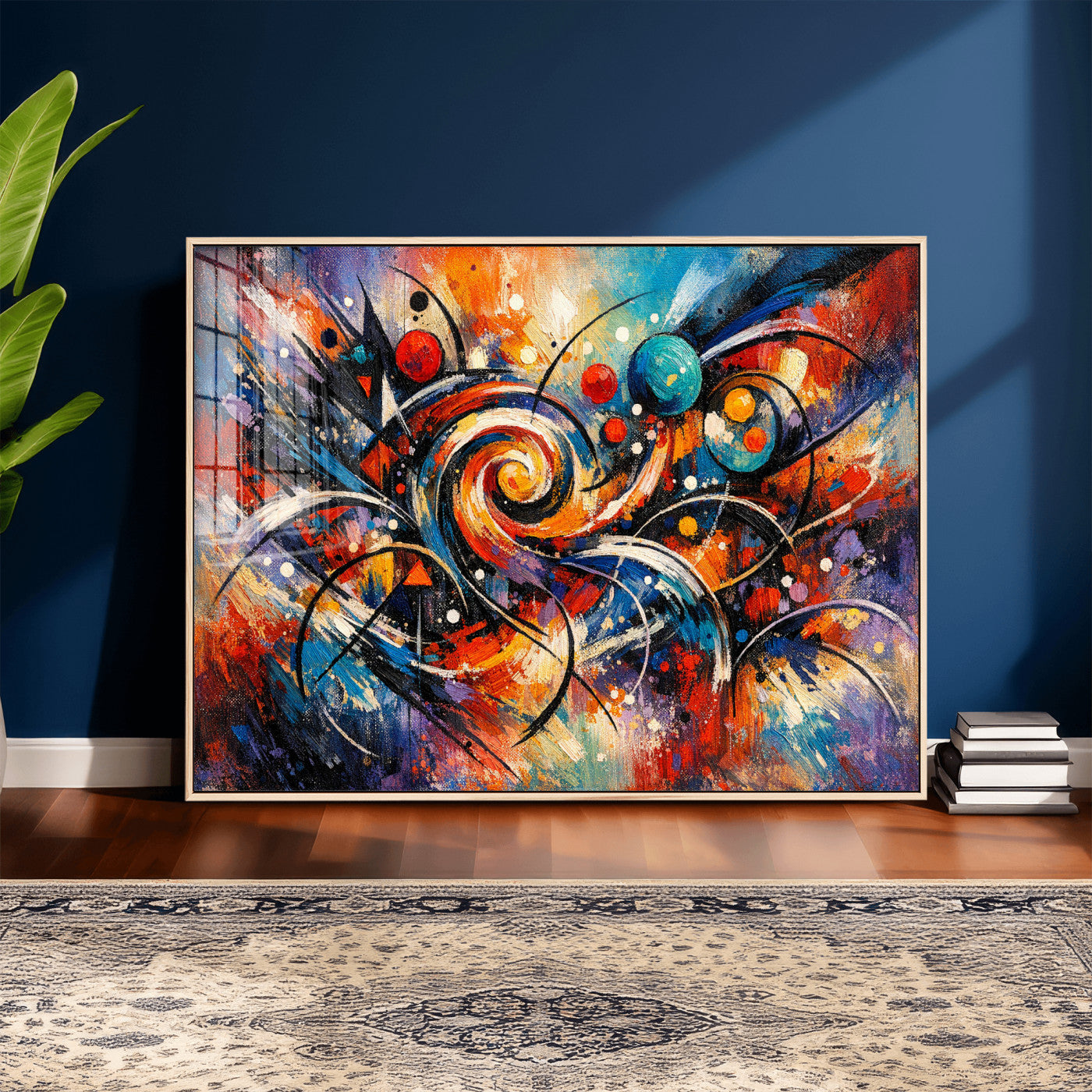 60193267-MGV-CV-36X24 - Geometric Abstract Wall Art Canvas Print, Orange Blue Abstract Expressionist Painting Print, Modern Geometric Abstract Canvas Art