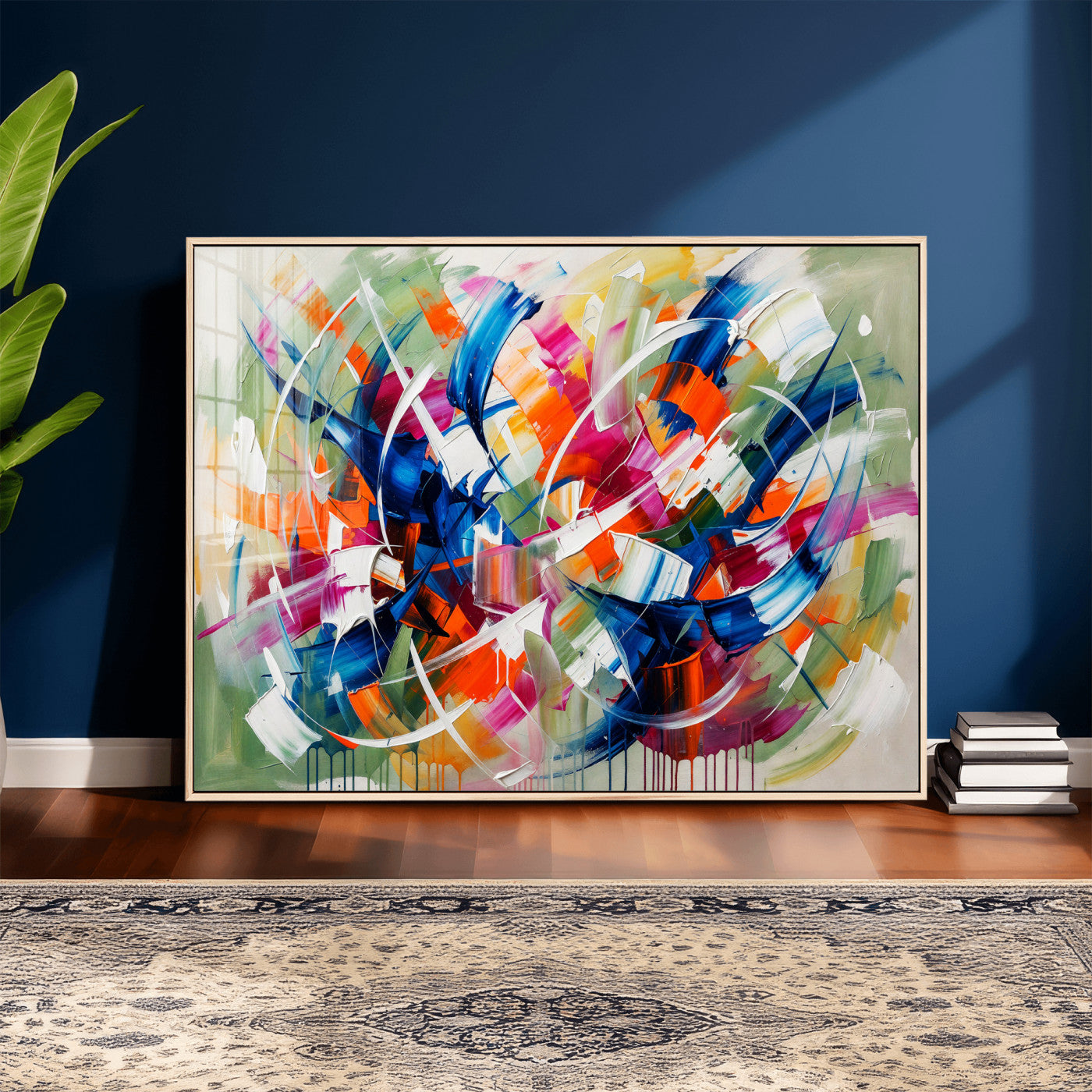 15032888-MGV-CV-36X24 - Geometric Abstract Wall Art Canvas Print, Orange Blue Abstract Expressionist Painting Print, Modern Geometric Abstract Canvas Art