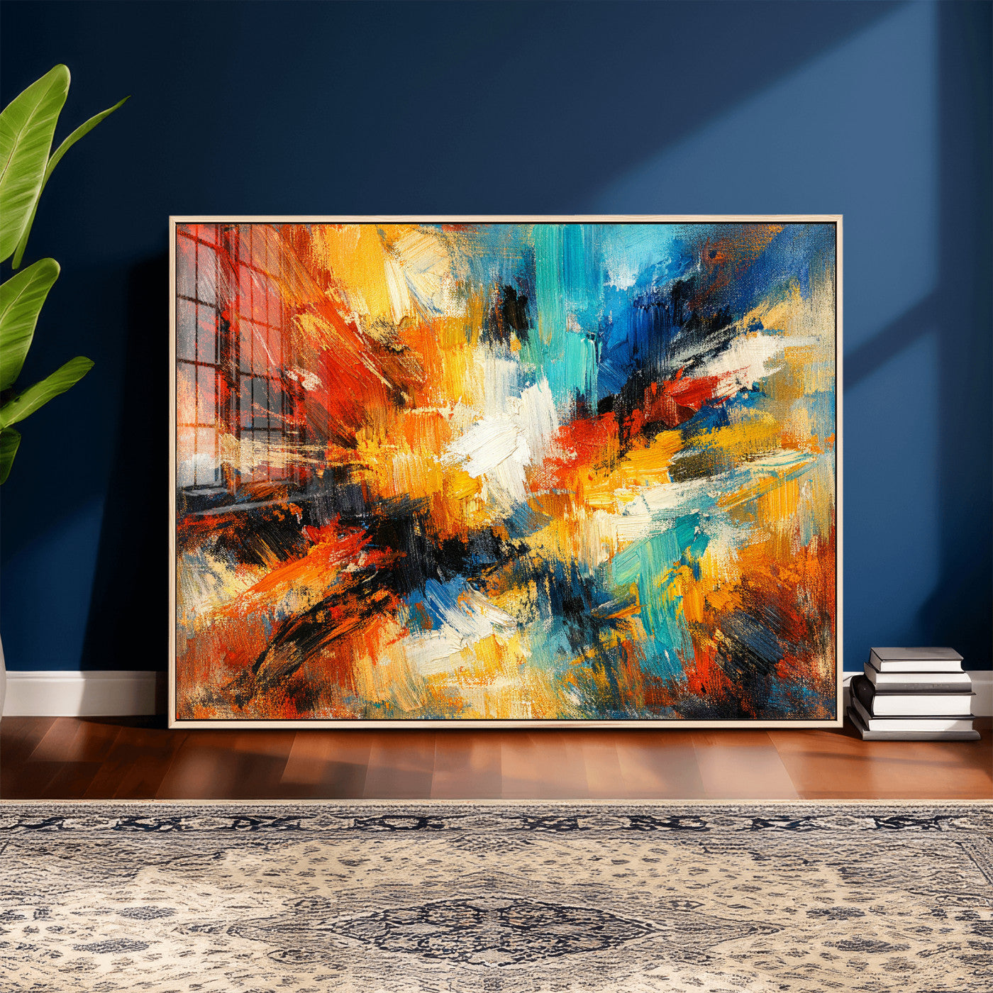 93167583-MGV-CV-36X24 - Geometric Abstract Wall Art Canvas Print, Orange Blue Abstract Expressionist Painting Print, Modern Geometric Abstract Canvas Art