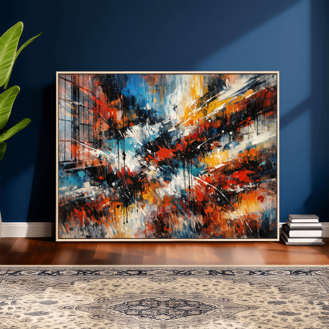 80276069-MGV-CV-36X24 - Geometric Abstract Wall Art Canvas Print, Orange Blue Abstract Expressionist Painting Print, Modern Geometric Abstract Canvas Art