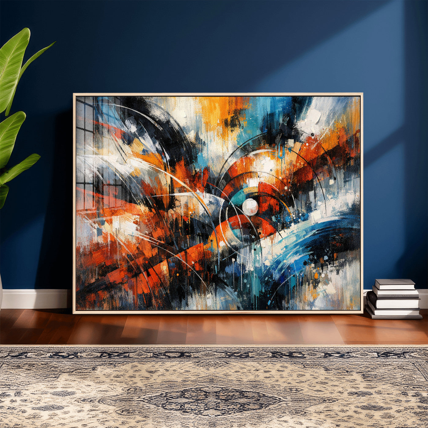 47120691-MGV-CV-36X24 - Geometric Abstract Wall Art Canvas Print, Orange Blue Abstract Expressionist Painting Print, Modern Geometric Abstract Canvas Art