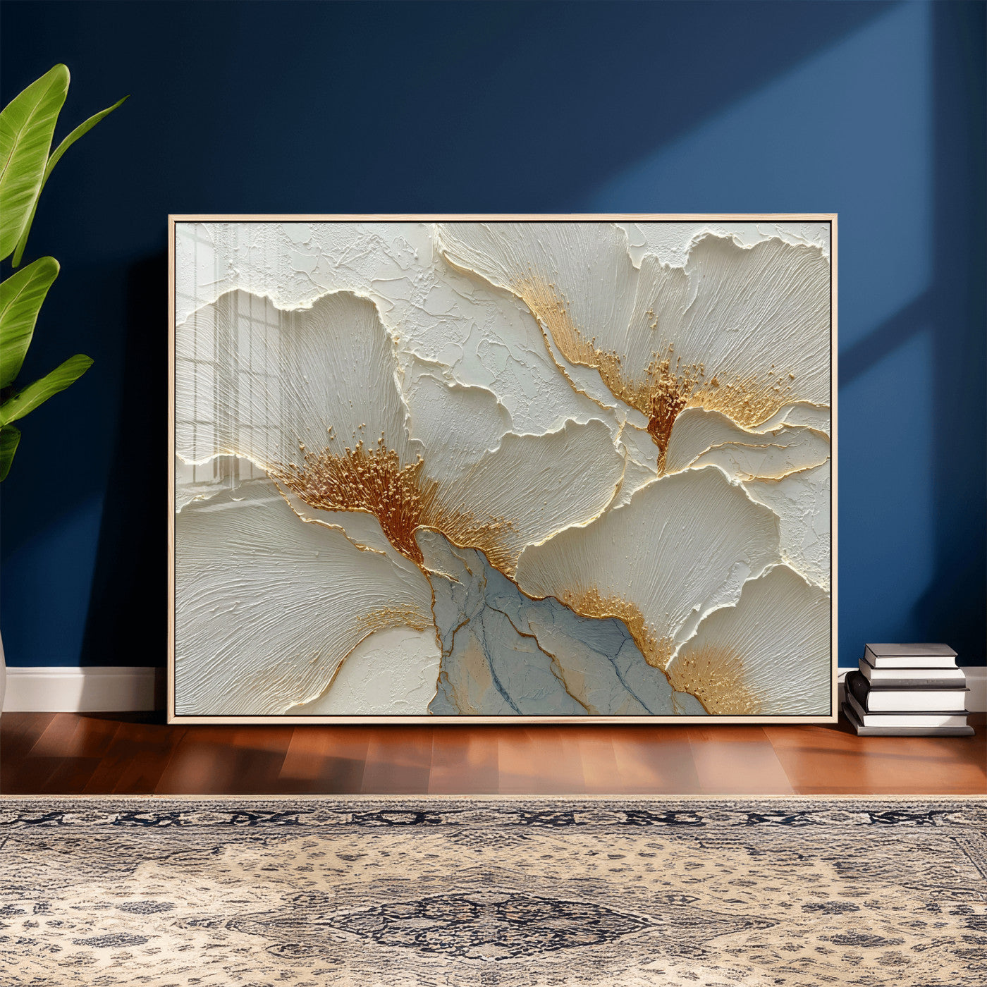 4712069F1-MGV-CV-36X24 - White Gold Floral Canvas Wall Art — Textured Flower Print | Luxury Botanical Decor | Elegant Bedroom Art | Gold Leaf Wall Art Gift