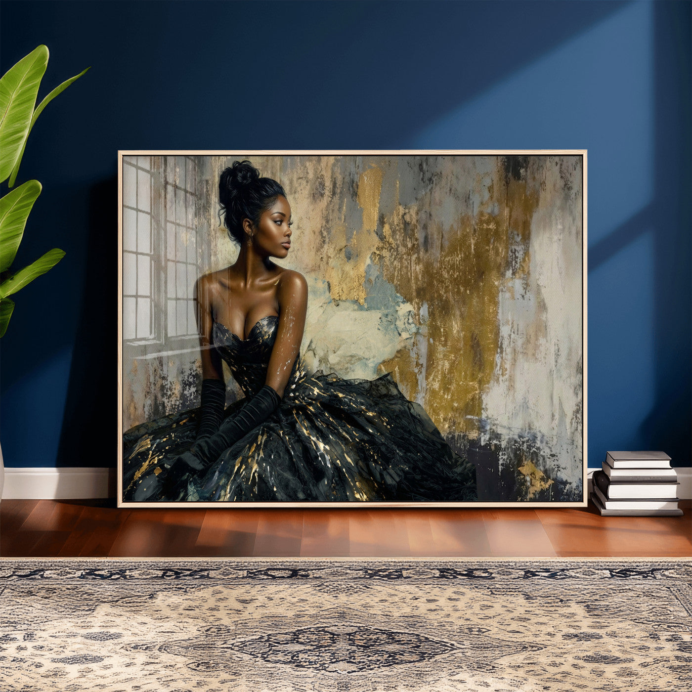 4712069Z1-MGV-CV-36X24 - Elegant Woman Canvas Wall Art — Black Gold Gown Fashion Print | Luxury Glam Wall Decor | African American Art | Bold Bedroom Wall Art Gift
