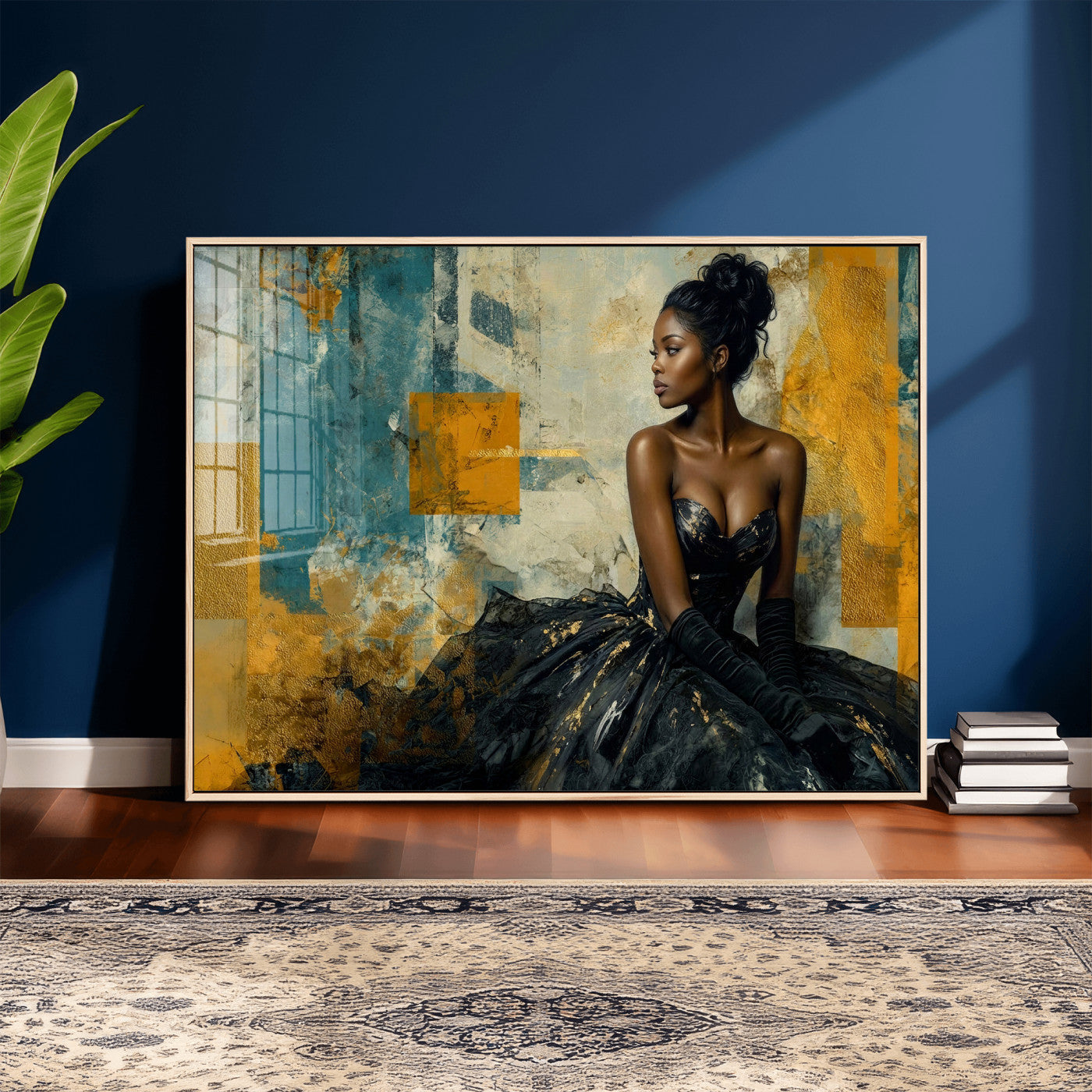 4712069Z21-MGV-CV-36X24 - Elegant Woman Canvas Wall Art — Black Gold Gown Fashion Print | Luxury Glam Wall Decor | African American Art | Bold Bedroom Wall Art Gift