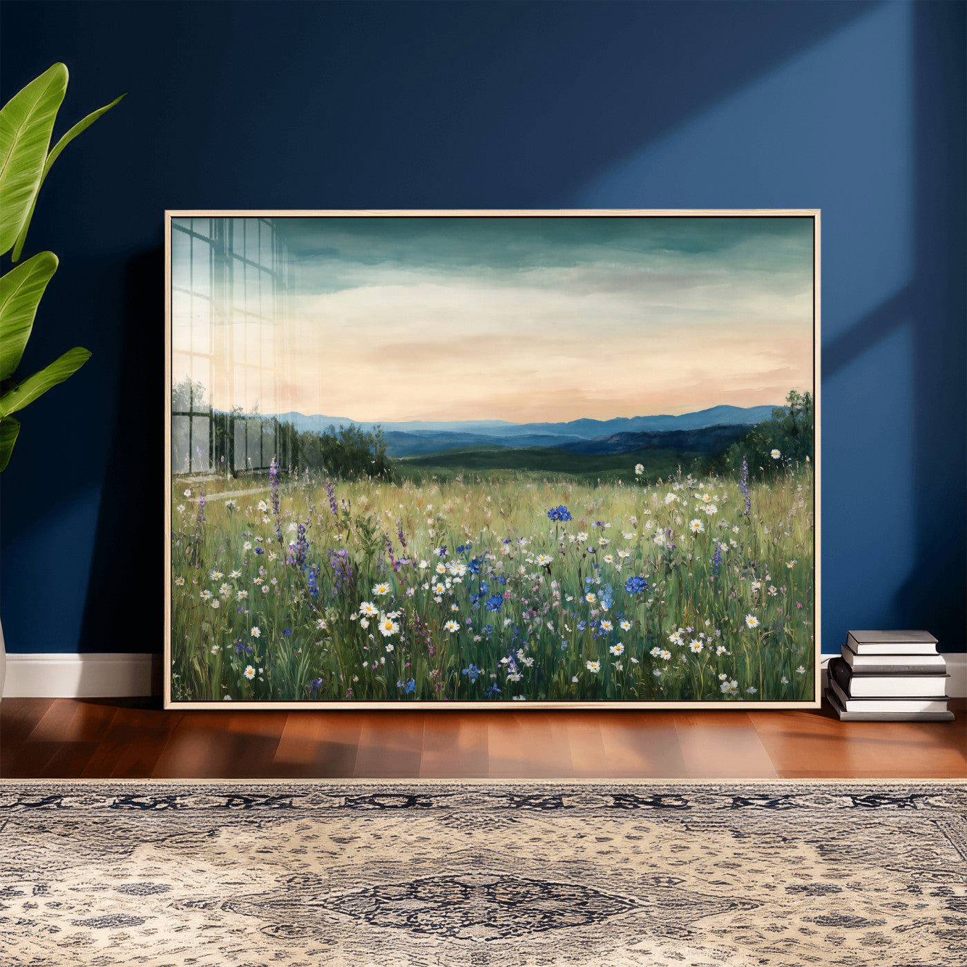 35773805-MGV-CV-36X24 - Wildflower Meadow Oil Painting Canvas — Daisy Lavender Mountain Sunset Print | Cottagecore Floral Wall Art | Bedroom Decor Gift for Her