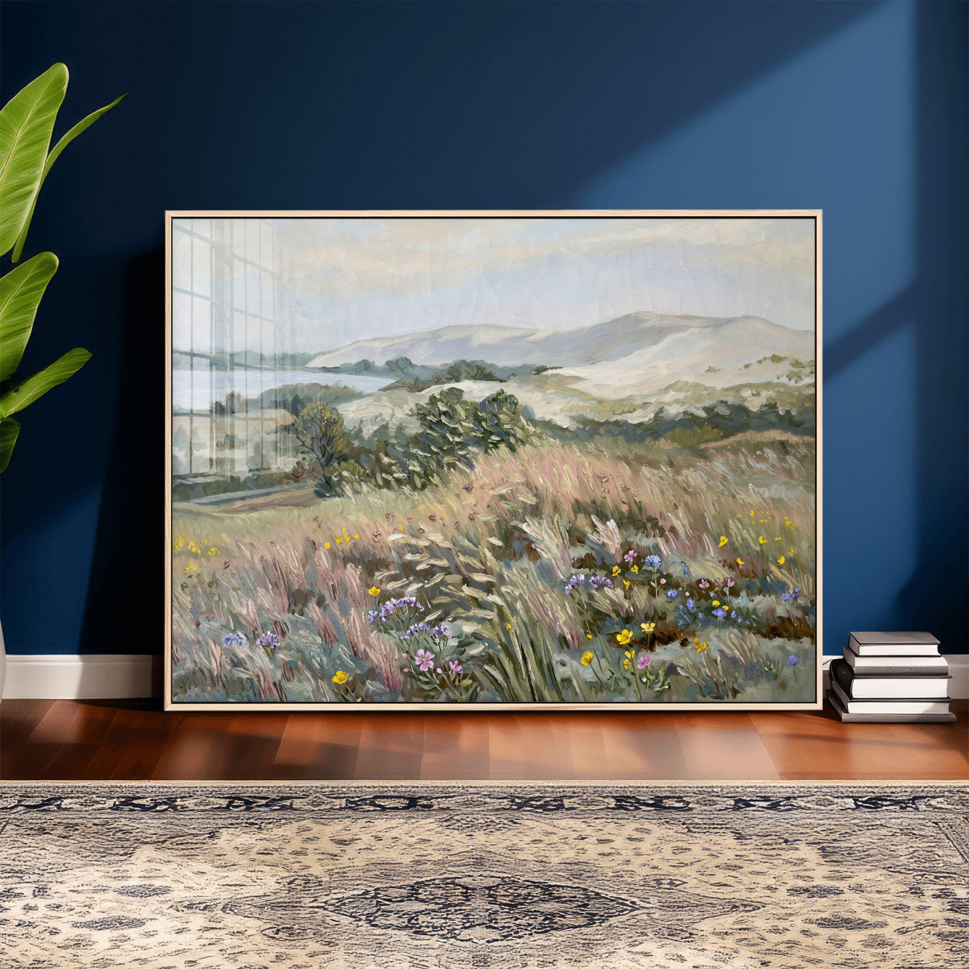 18013232-MGV-CV-36X24 - Katie Staples Hillside Canvas Wall Art — Coastal Wildflower Dune Oil Painting Print | Muted Green Nature Decor | Plein Air Landscape Gift