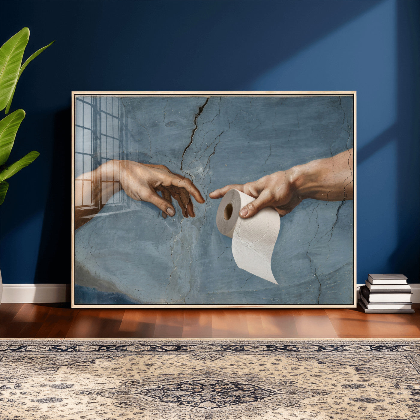 42648143-MGV-CV-36X24 - Funny Bathroom Canvas Wall Art, Michelangelo Creation of Adam Toilet Paper Parody, Renaissance Humor Print, Quirky Housewarming Gift, Toilet Room Decor