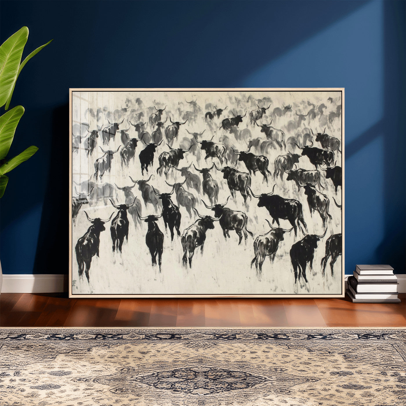 68669792-MGV-CV-36X24 - Longhorn Cattle Canvas Wall Art, Black White Stampede Ink Painting Print, Western Farmhouse Decor, Bull Herd Art, Large Living Room Wall Art, Ranch Home Decor