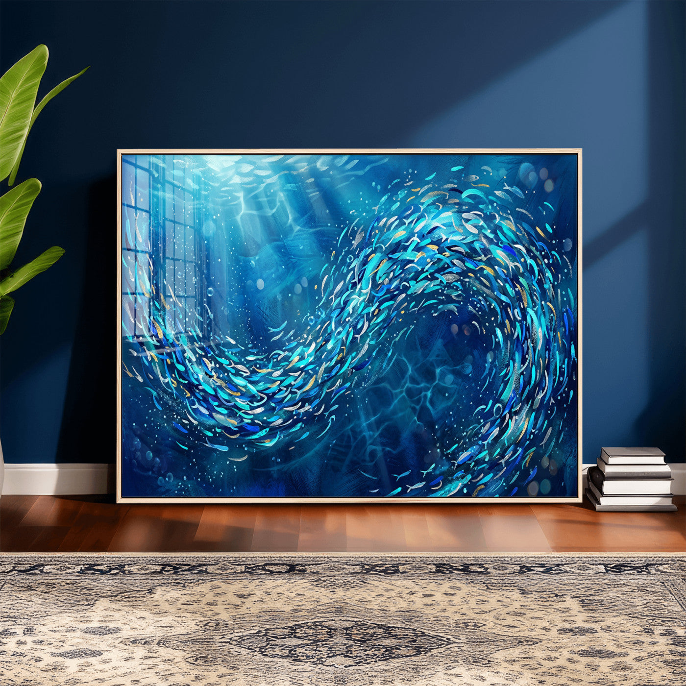 54535639-MGV-CV-36X24 - School of Fish Canvas Print | Blue Ocean Underwater Wall Art | Swirling Fish Shoal Illustration | Marine Navy Coastal Decor