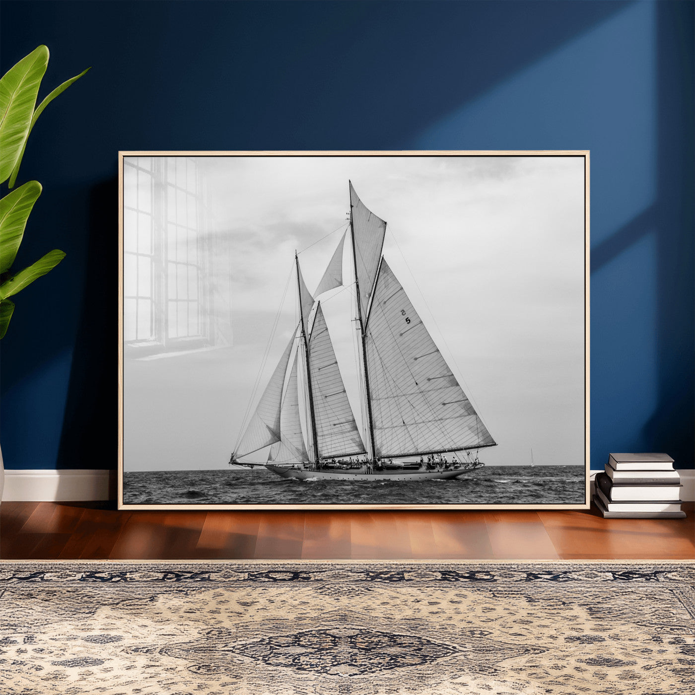 52882918-MGV-CV-36X24 - Vintage Sailboat Wall Art Canvas Print, Black and White Schooner Framed Artwork, Nautical Ocean Sailing Decor for Living Room Office Beach House