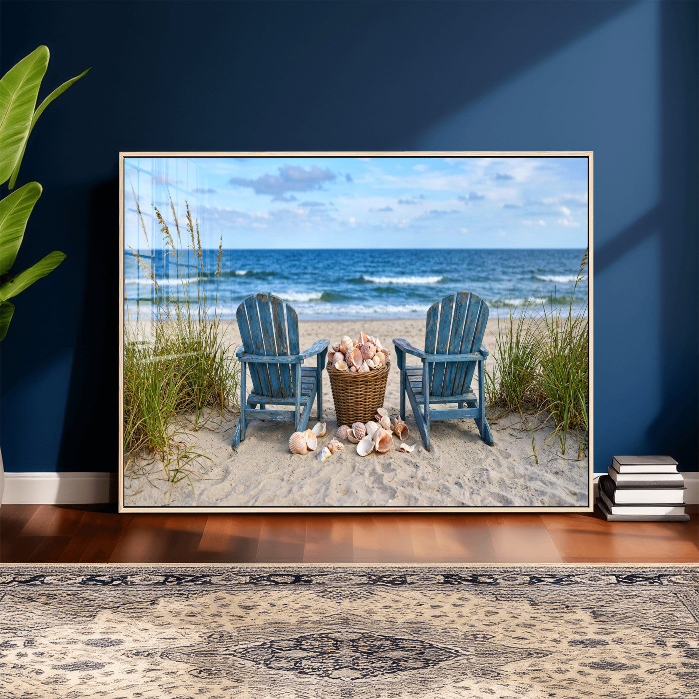 80268829-MGV-CV-36X24 - Large Beach Canvas Wall Art Coastal Adirondack Chairs Ocean Seashells Blue Nautical Framed Large for Living Room Bedroom Bathroom Decor