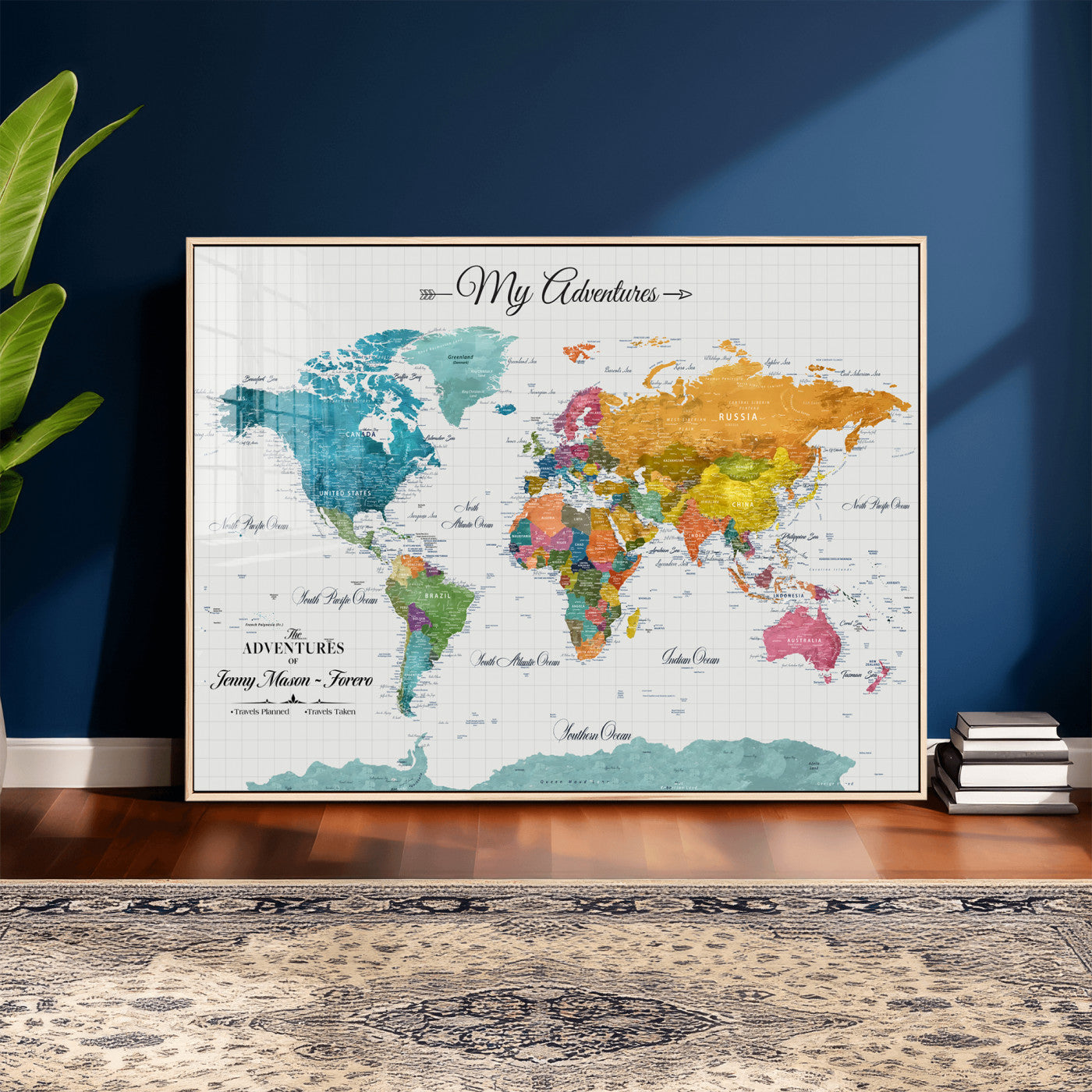 56239817-MGV-CV-36X24 - Custom Push Pin Watercolor World Map Canvas Wall Art Print – Abstract Colorful Travel Wall Decor