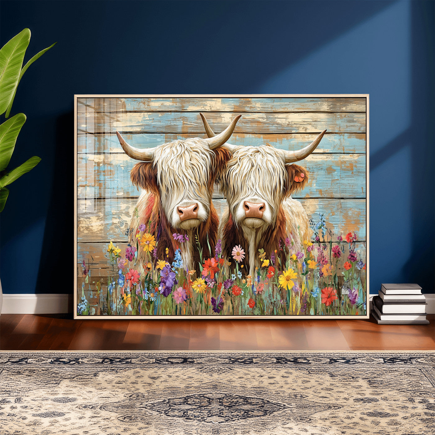 36972-MGV-CV-36X24 - Cute Highland Cow Canvas Wall Art - Rustic Farmhouse Decor with Colorful Flowers Perfect Wall Art