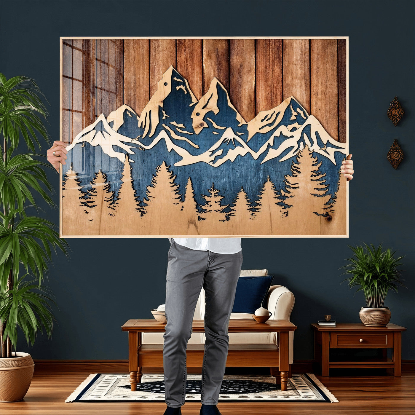 41330-MGV-CV-36X24 - Rustic Wood Style Mountain Wall Art, Nature Forest Canvas Print, Wooden Textured Mountain Artwork Print