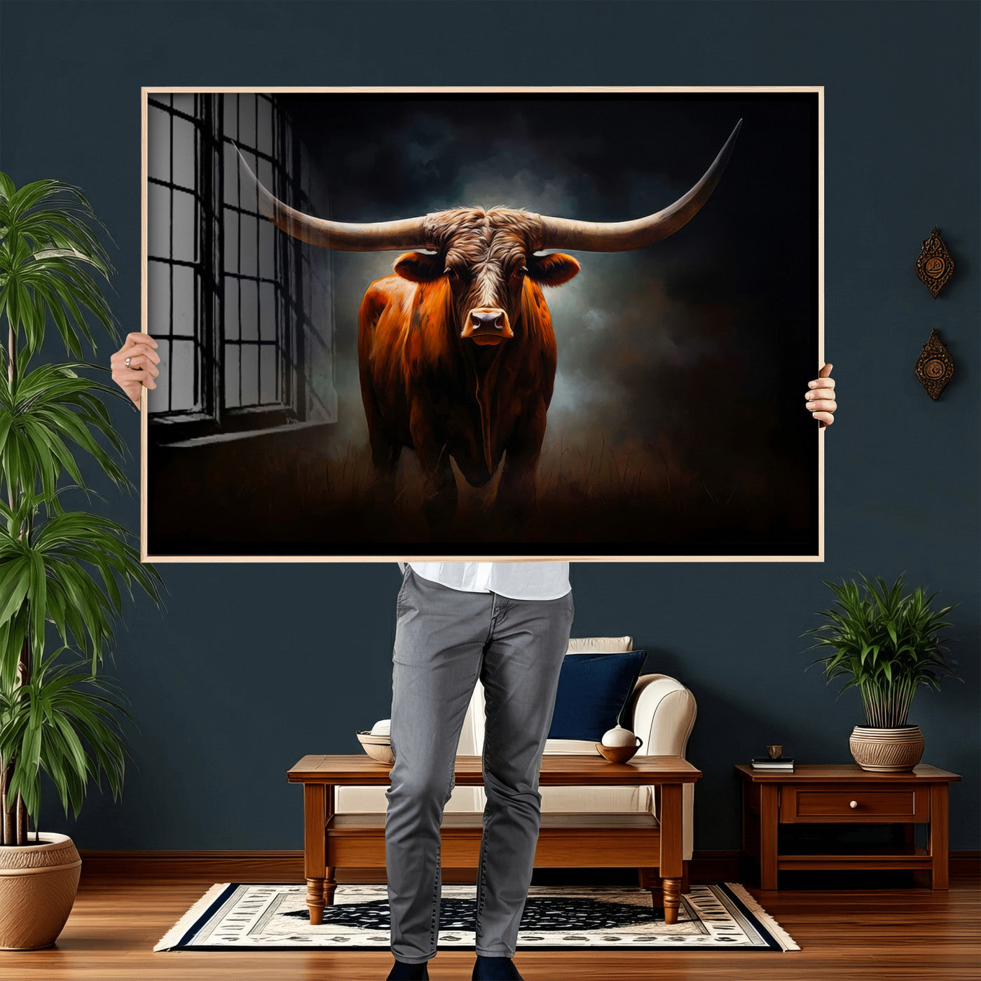 48896-MGV-CV-36X24 - Abstract Texas Longhorn Wall Art Print | 3-Panel Large Texas Longhorn Canvas Print for Living Room,