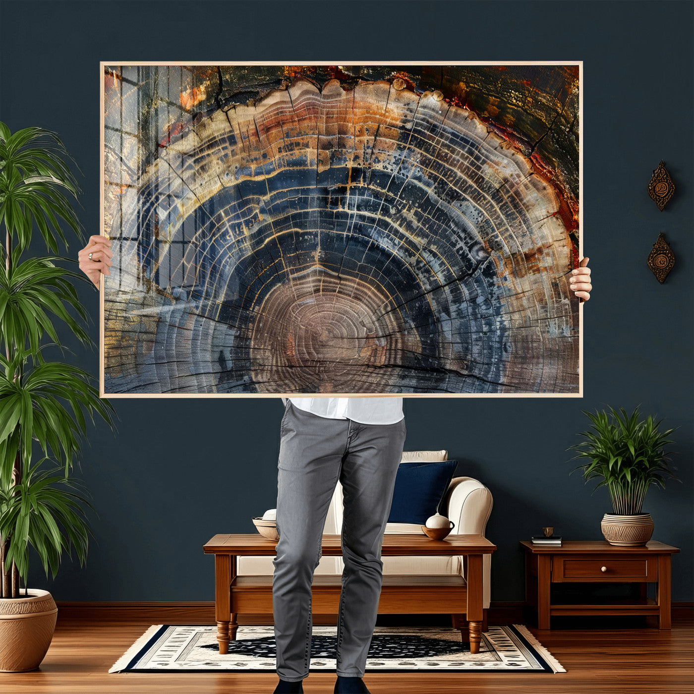 16193-MGV-CV-36X24 - Framed Wood Tree Ring Wall Art - Abstract Colorful Wood Ring Wall Decor for Minimalist Home Decor