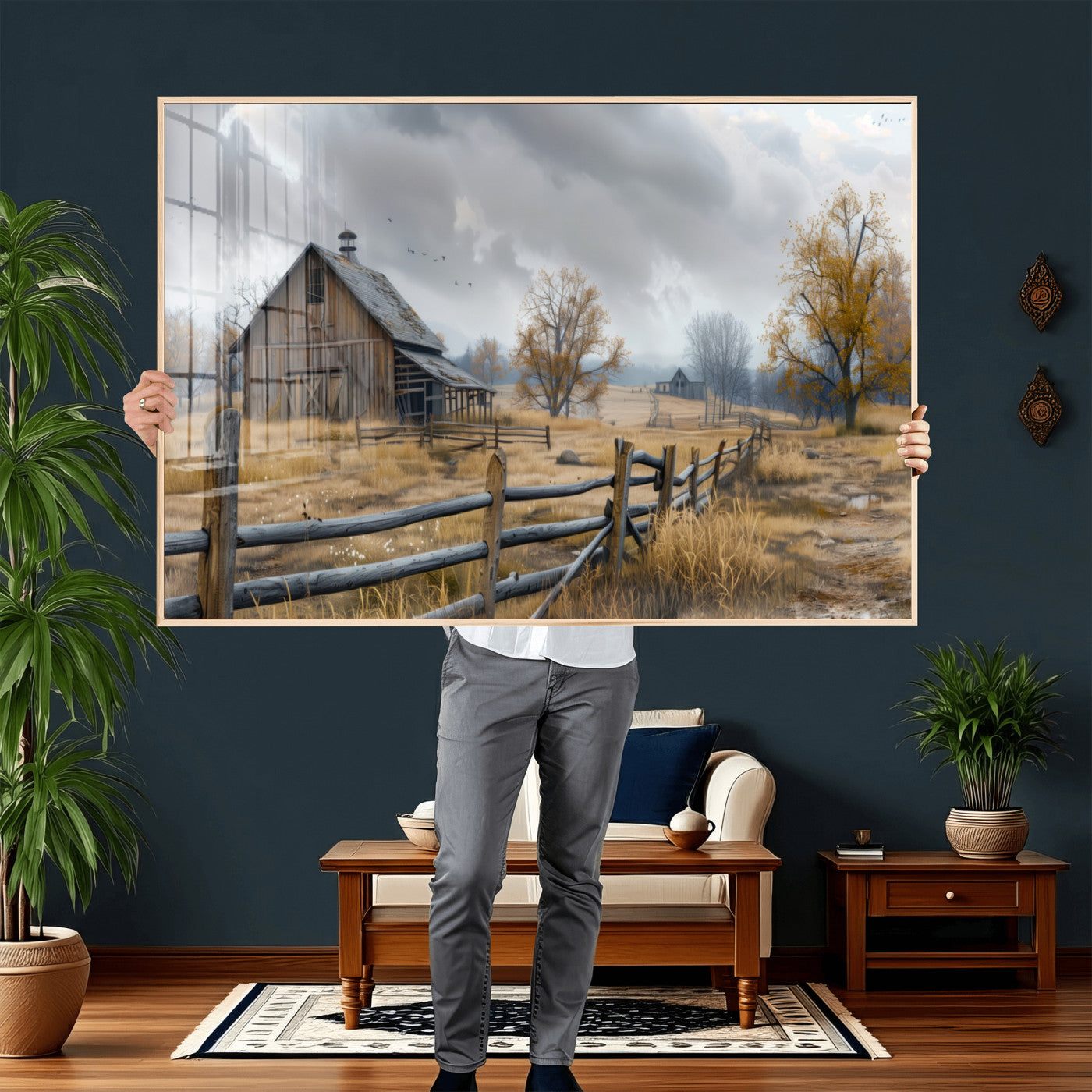 Farm1-MGV-CV-36X24 - Rustic Autumn Farmhouse Wall Art Canvas Print – Serene Countryside Scene with Weathered Barn and