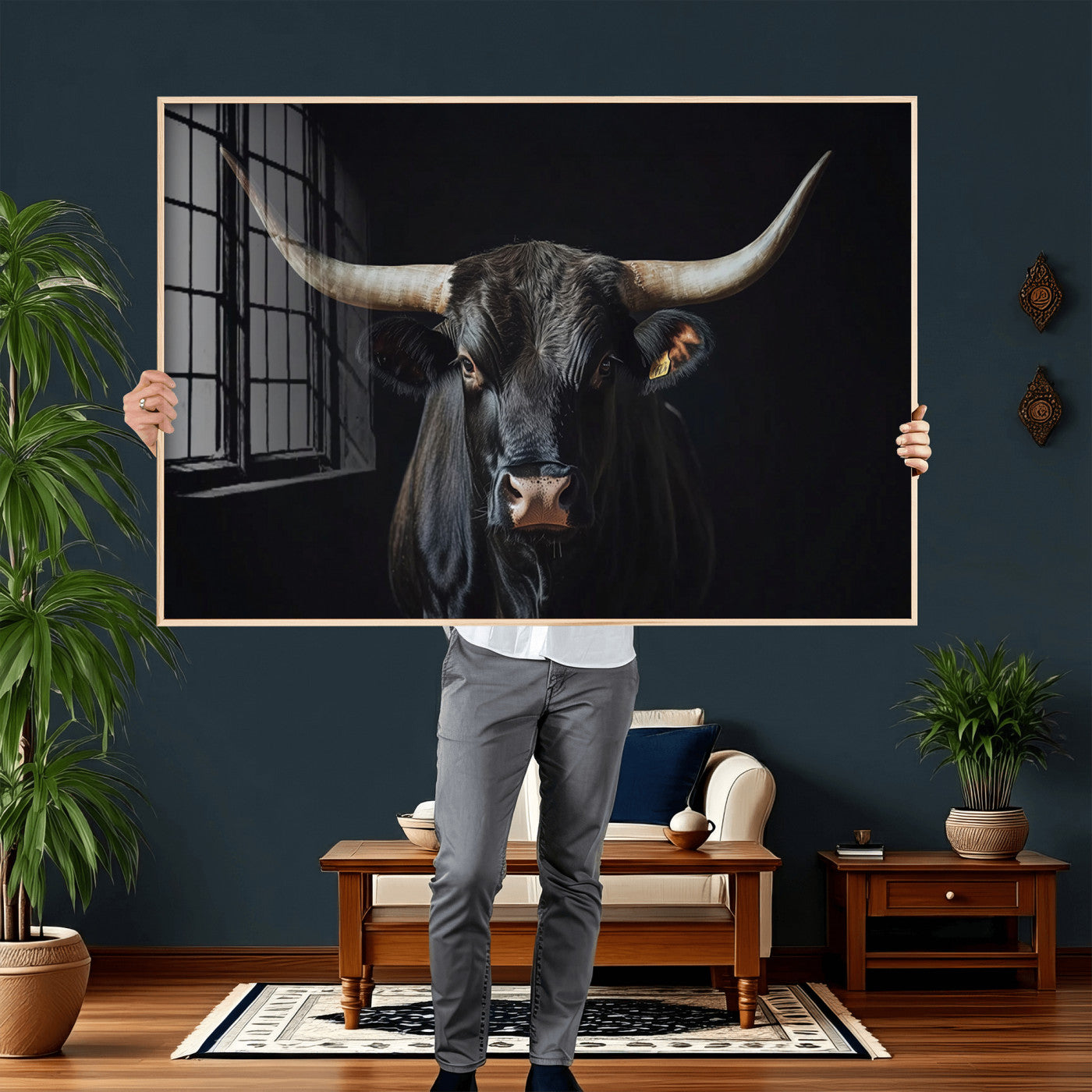 48065167-MGV-CV-36X24 - Texas Longhorn Bull Wall Art Canvas Print – Western Black Bull Art Print for Farmhouse Ranch Decor