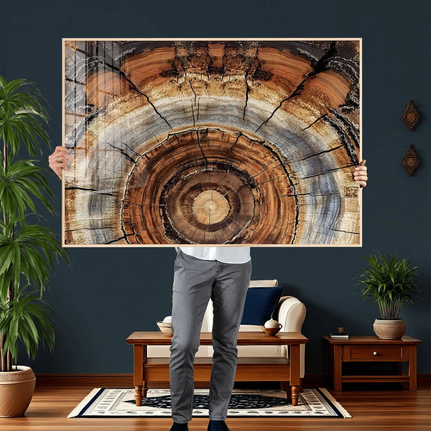 15184146-MGV-CV-36X24 - Tree Rings Wall Art Canvas Print, Framed Wood Texture Art Picture Print, Rustic Pattern Perfect Rustic Organic Decor Artwork