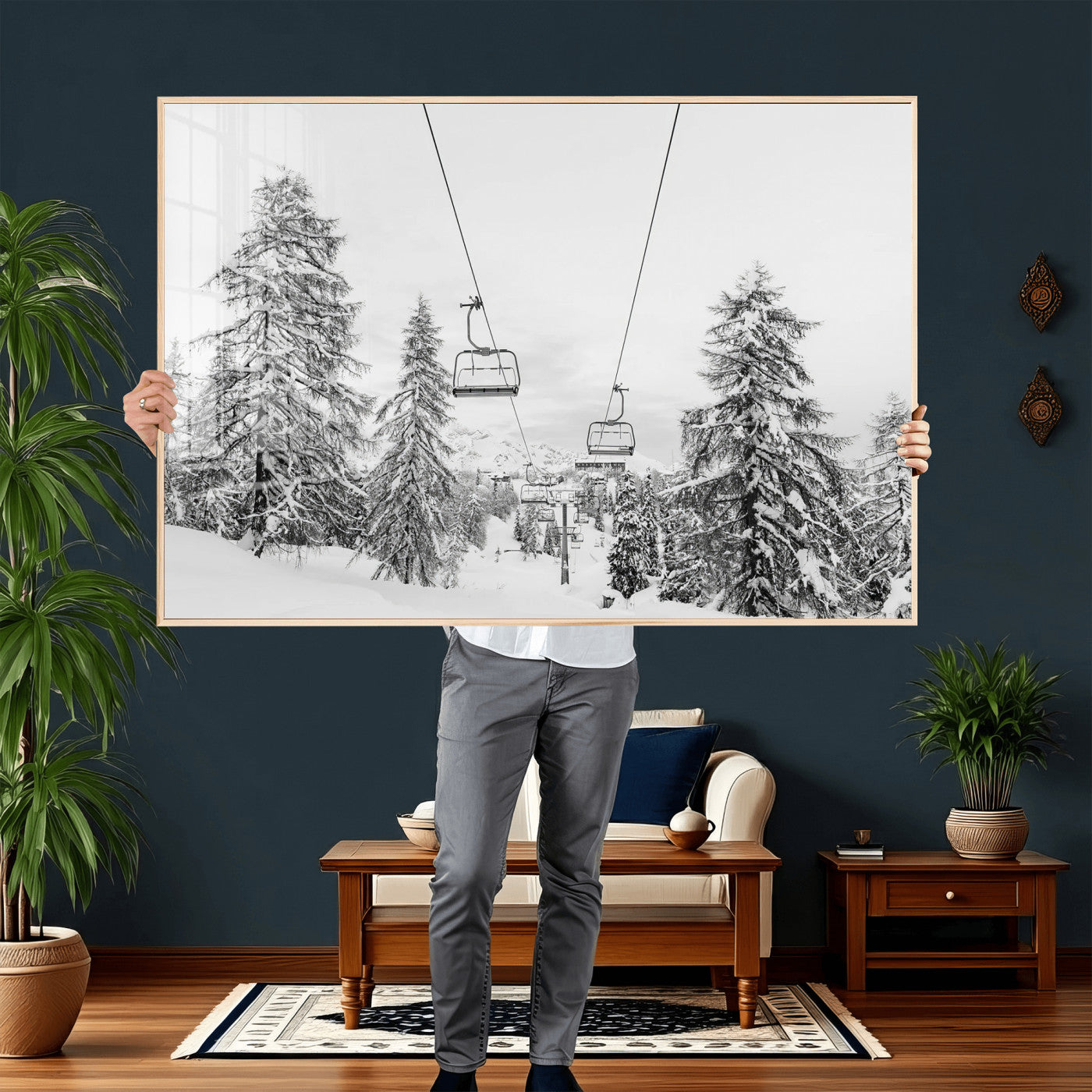 55003599-MGV-CV-36X24 - Wall Art Canvas Print Winter Chairlift Views Silent Snow-Covered Pines Mountain Calm Serenity Frozen