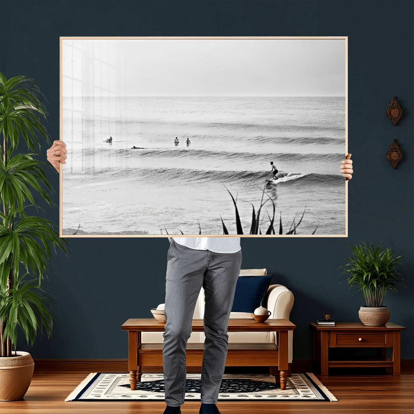 33821421-MGV-CV-36X24 - Surfer Silhouette Wall Art Canvas Print, Framed Calm Ocean Art Picture Print, Monochrome Surf Minimalist Coastal Decor Artwor