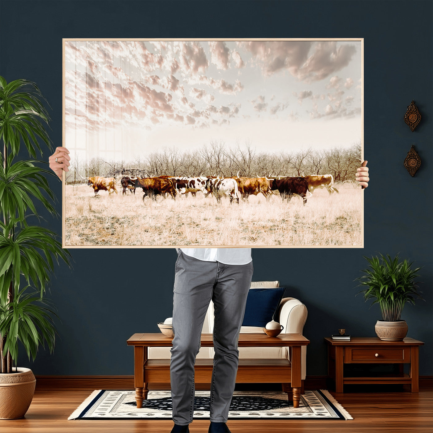 64892775-MGV-CV-36X24 - Longhorn Cattle Wall Art Canvas Print, Framed Texas Ranch Art Picture Print, Western Cow Perfect Western Decor Artwork