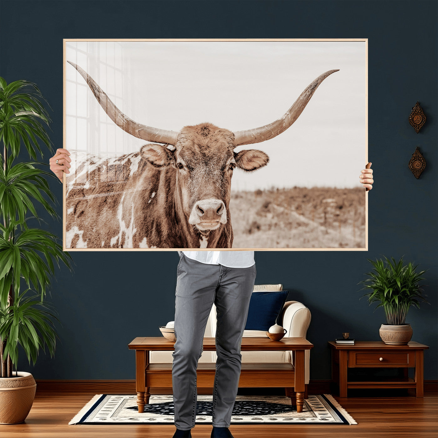39964150-MGV-CV-36X24 - Longhorn Cow Wall Art Canvas Print, Texas Ranch Print, Framed Western Bull Art Print, Large BigHorn Cowboy Printing Perfect for County Decor