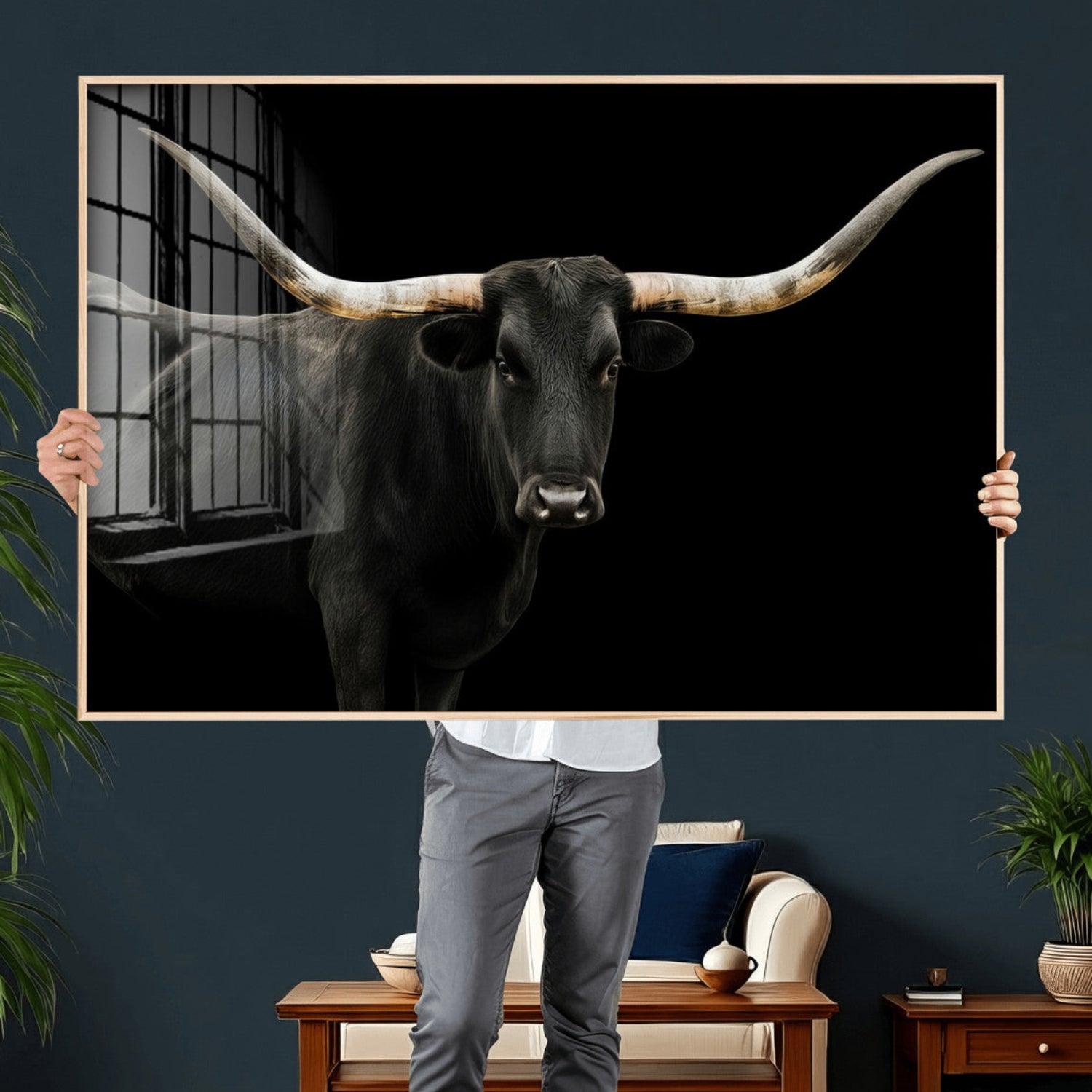 23572907-MGV-CV-36X24 - Texas Longhorn Wall Art Canvas Print, Framed Rustic Western Art Picture Print, Farmhouse Animal Perfect Modern Western Minimalist Decor Artwork