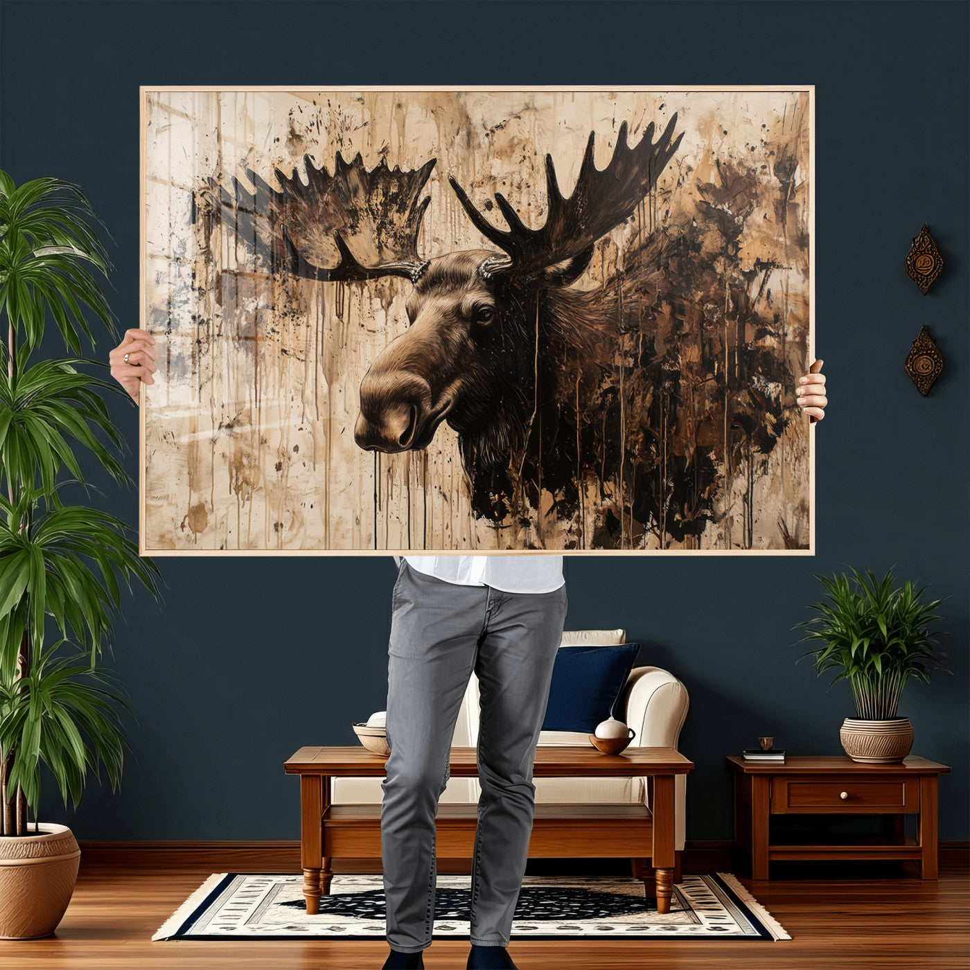 83505059-MGV-CV-36X24 - Moose Canvas Wall Art — Rustic Wildlife Painting Print | Cabin Lodge Decor | Large Animal Wall Art | Moose Gift for Him | Man Cave Art